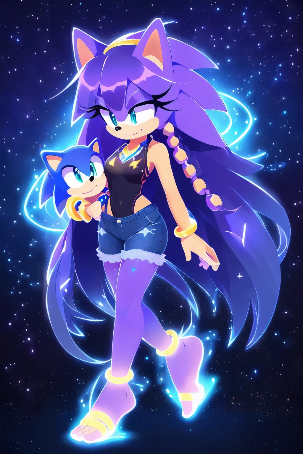 Sonic oc, Mobian, Sonic the hedgehog but female, female, Cosmic entity hedgehog, A beautiful bluish purple furred hedgehog, blue eyes, very long hair/quills, braided and beaded long hair bangs, long streaks of hair on each side of her face, (star constellation on hair, beads on hair, smooth fur, slim thick hourglass body, slim fit, wearing a black singlet and jeans shorts, star markings, hair decorated with rings, flowing hair, glowing marks on feet, mother, carrying a baby hedgehog