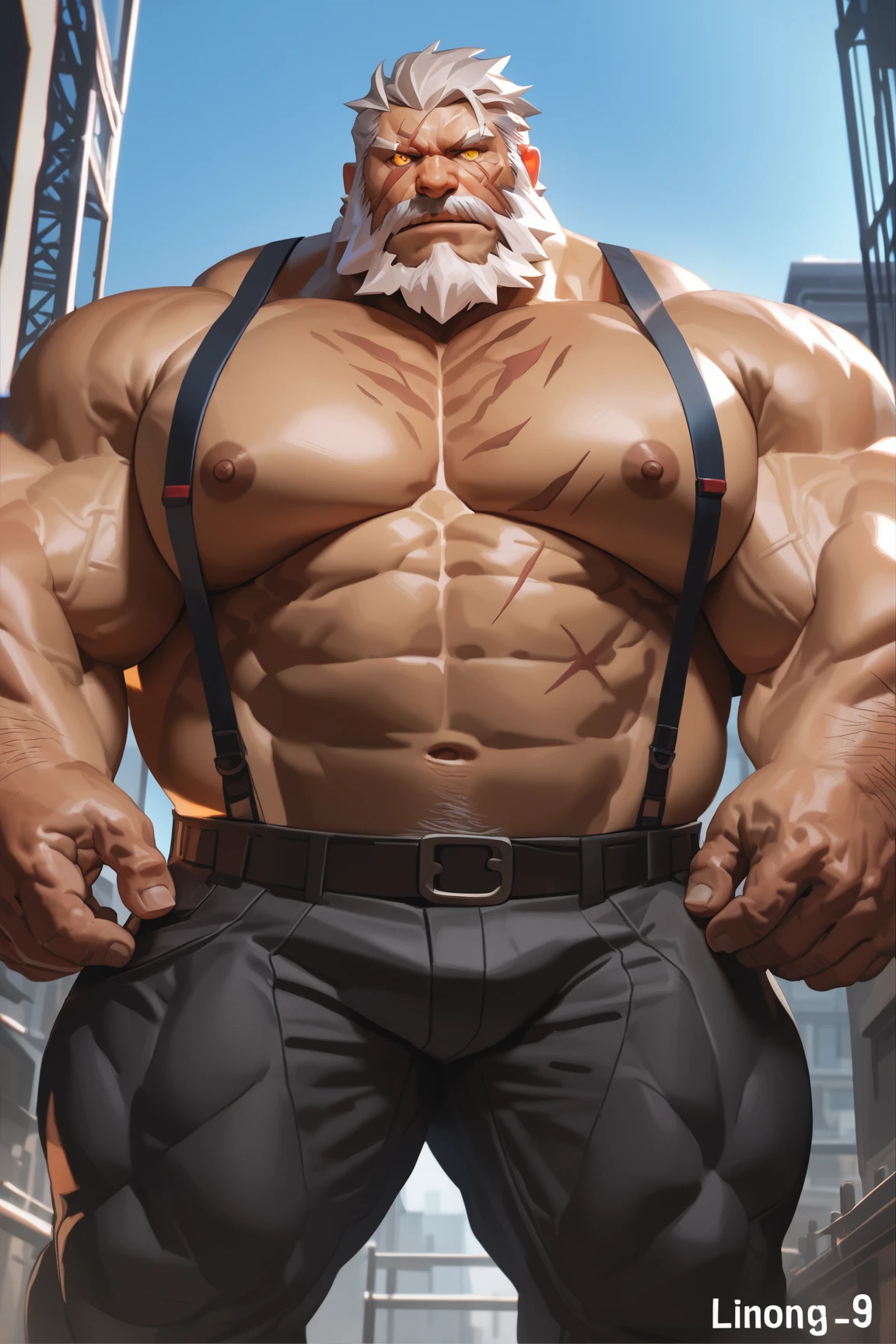 solo, 1boy, Huge Muscular Old man baseball hat and glasses, pectoral, thick arms, huge pectoral, wide pectoral, short white hair, short pants and shirtless, bearded, simple background, masterpiece, semirealistic:1.2, high detailed, 8k, high resolution