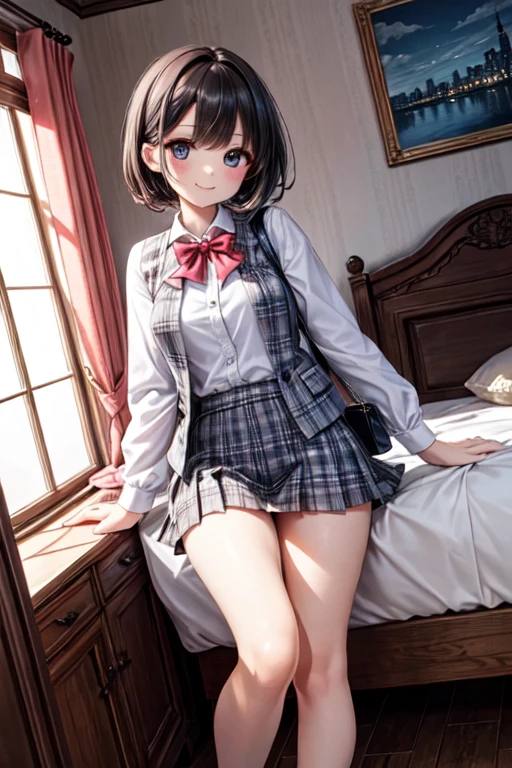 Mastepiece、masterpiece、highest quality、Super detailed、High resolution、8K Portrait、High definition CG of Unity 8k wallpaper、Cute little:1.5、:1.5、Highly detailed CG Unity 8k wallpaper、Realistic、Real person、 Portrait Photography、Shiny skin、High definition、(16 y)、(1 girl)、Beautiful clear eyes、extremely detailed description、Delicate face、Nice lips、Slim body、(thin waist)、Thin legs、(bed room:1.6)、1 Girl, Cute, Perfect Face, seriously, (blush:1.5),(Brown Bob Hair:1.3),(hair ornaments),(small breasts:1.3),(Sciform:1.3),((skirt lift:1.5)),(looking at view),(from front:1.2),(disapproval face:1.5),nsfw,(take off panty:1.5)