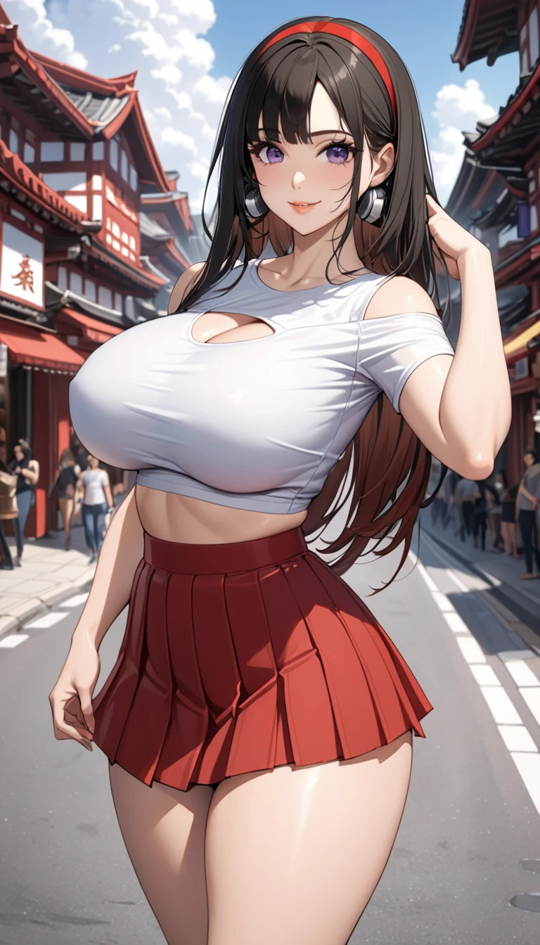 (Highest quality:1.2, Very detailed, Latest, Vibrant, High Detail, masterpiece:1.2, Highest quality, Best aesthetics), (((1 girl))), Tomoe, black hair, long hair, light purple eyes, hime cut, headband, outdoors, big breasts, eyeshadow, black eyelashes, cleavage cutout, shoulder cutout, thick thighs, curvy, big breasts, light smile, Reddish brown eyes,  red  pleated mini skirt, Silver_Headphones, (Color T-shirt, Cropped tops, Underboob), Seductive smile, Dynamic Angle, cleveage, neckline, Friendly atmosphere, Beautiful Hair, Shiny Hair, Beautiful Skin, Detailed face and eyes, Glossy Lips, Curvy Women, ((Selfie pose:1.2)), bustling street, Light and shadow with attention to detail, Background Blur.