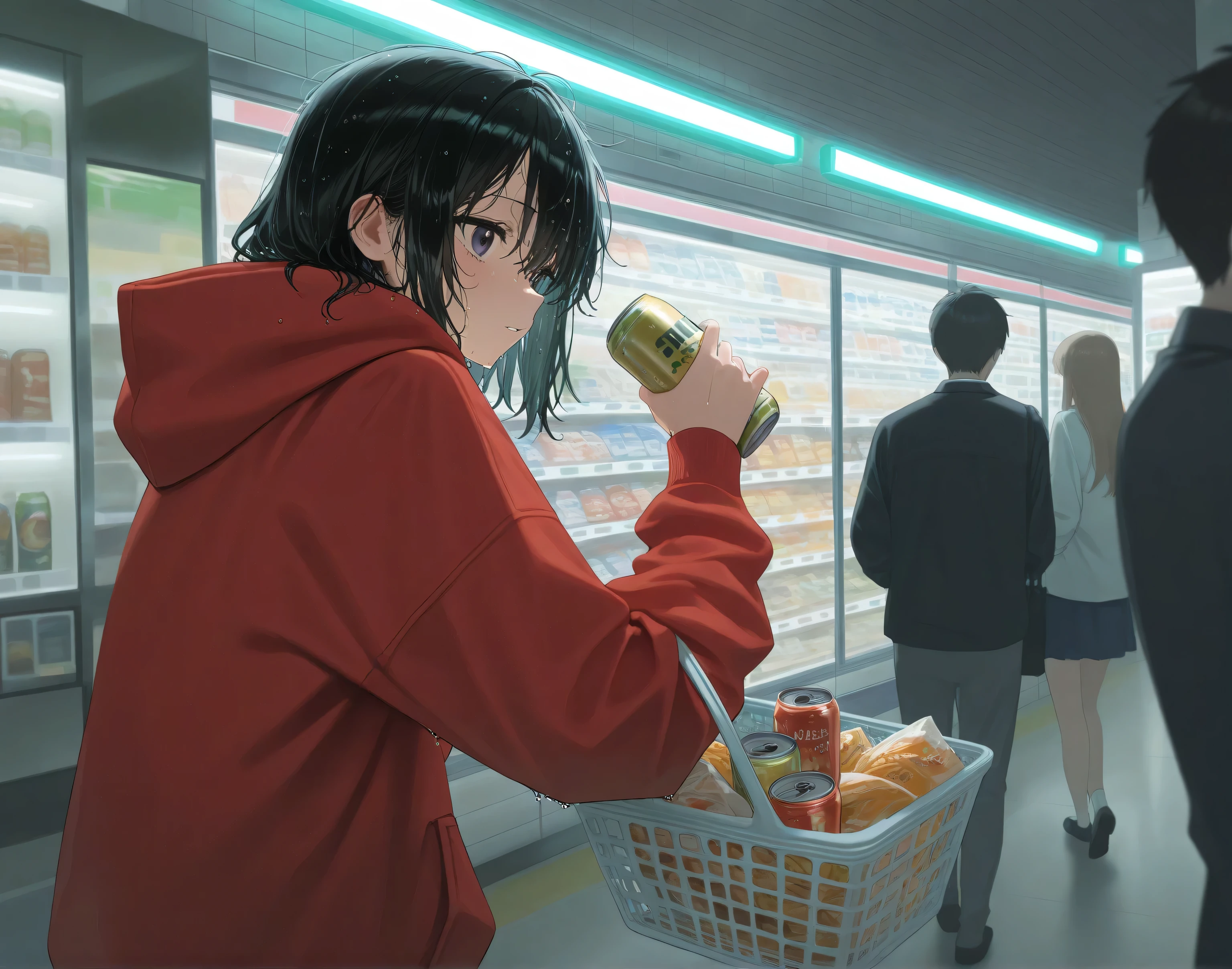 "A convenience store on a rainy night with bright fluorescent lights. A girl wearing a red hoodie can be seen walking down the aisle with a basket. Her wet hair is messy and she looks confident as she adds snacks to the basket. He has an expression on his face.”