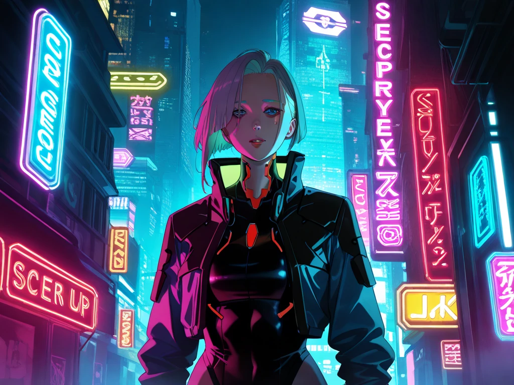 Cyberpunk, woman staying, Cyberpunk jacket, future city, neon lights, Front view, Waist Shot, detailed face, detailed eyes