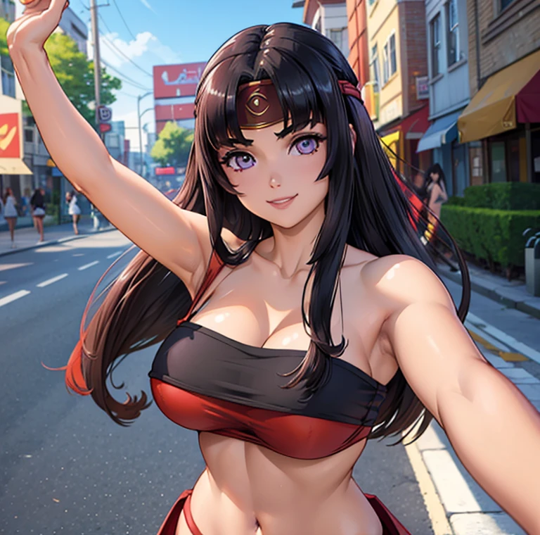 (Highest quality:1.2, Very detailed, Latest, Vibrant, High Detail, masterpiece:1.2, Highest quality, Best aesthetics), (((1 girl))), Tomoe, black hair, long hair, light purple eyes, hime cut, headband, outdoors, big breasts, eyeshadow, black eyelashes, cleavage cutout, shoulder cutout, thick thighs, curvy, big breasts, light smile, Reddish brown eyes,  red  pleated mini skirt, Silver_Headphones, (Color T-shirt, Cropped tops, Underboob), Seductive smile, Dynamic Angle, cleveage, neckline, Friendly atmosphere, Beautiful Hair, Shiny Hair, Beautiful Skin, Detailed face and eyes, Glossy Lips, Curvy Women, ((Selfie pose:1.2)), bustling street, Light and shadow with attention to detail, Background Blur.