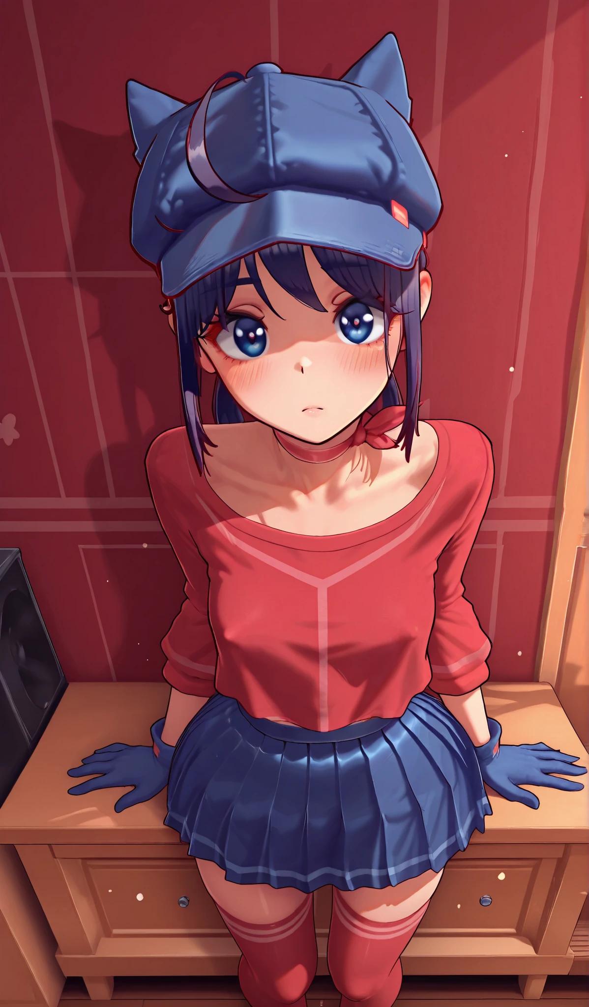 Mita, 1, ahoge, dark, NSFW CoolMita, 1 girl, hat, gloves, red shirt, blue pleated skirt, red, blue pleated skirt, red stockings, blue eyes, masterpiece, best quality, 8k, high resolution, aesthetically pleasing, dark hair, 