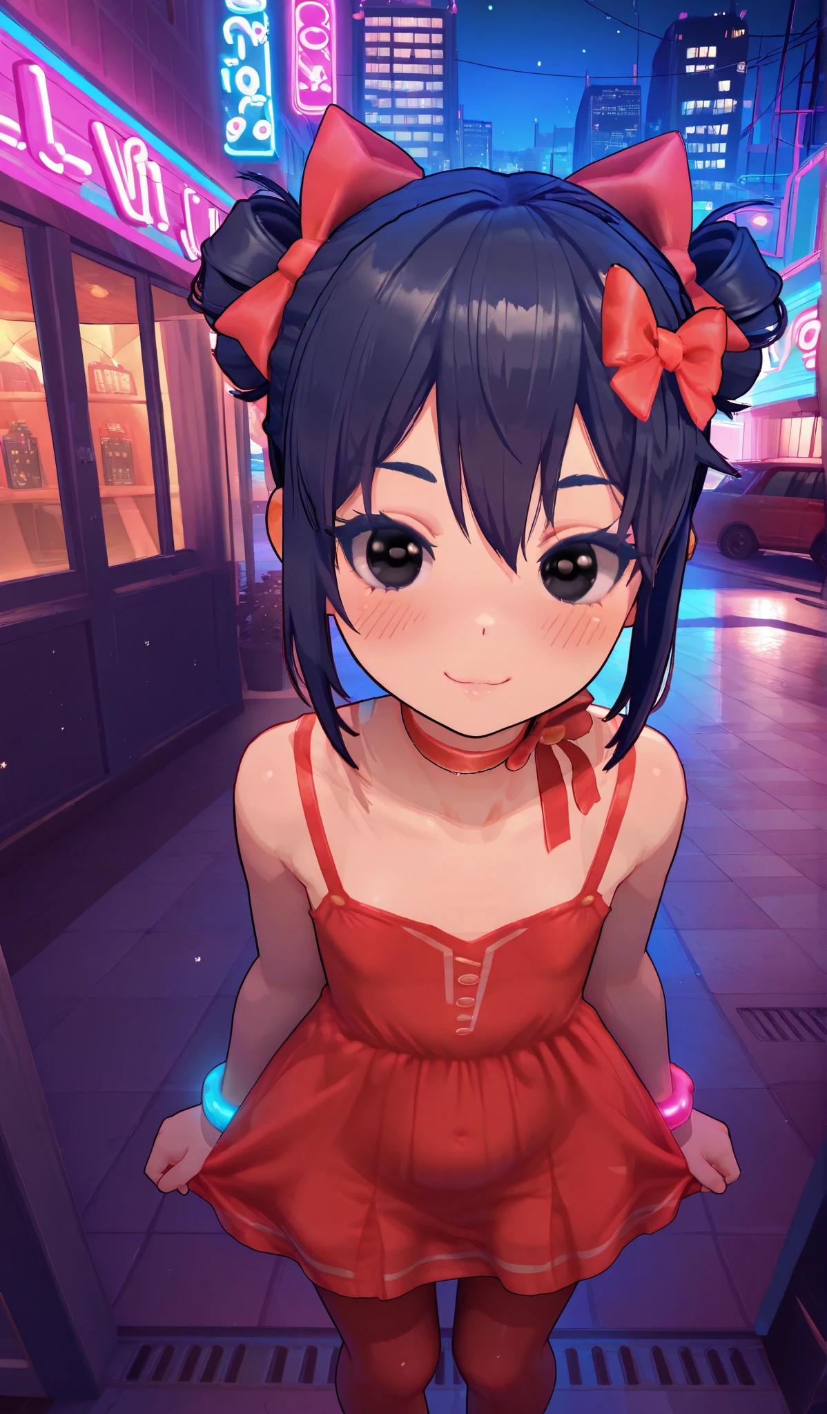 (TinyMita), (dark blue hair, cute hairstyle), small, short, (loli), cute smile, blush, (black eyes), cute hairstyle, masterpiece, TinyMita, 1 girl, face, (black eyes), hair bow, red dress, tights, masterpiece, 8k, high resolution, city at night, neon colorful lighting, visão de baixo 