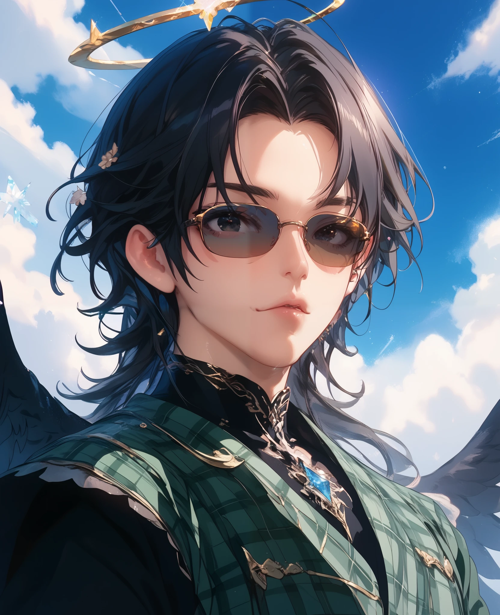 A man with a cool, beautiful face   , The sunglasses have a black horizontal design、Arranged to completely hide the character's eyes 、 he is operating a silver laptop、 his costume is a green plaid shirt , dress up in fantasy , his hairstyle is simple, well-groomed, and short black hair 、 has natural movement at the tips of his hair 、Delicate decoration、 The background is designed to imitate space and includes a blue earth and a small UFO、 4K resolution, 最 High Quality ,  In Front Of The Public , Masterpiece, Crystal black eyes , Broken  angel Halo,  angel&#39;The 2 black wings 、 High Quality ,