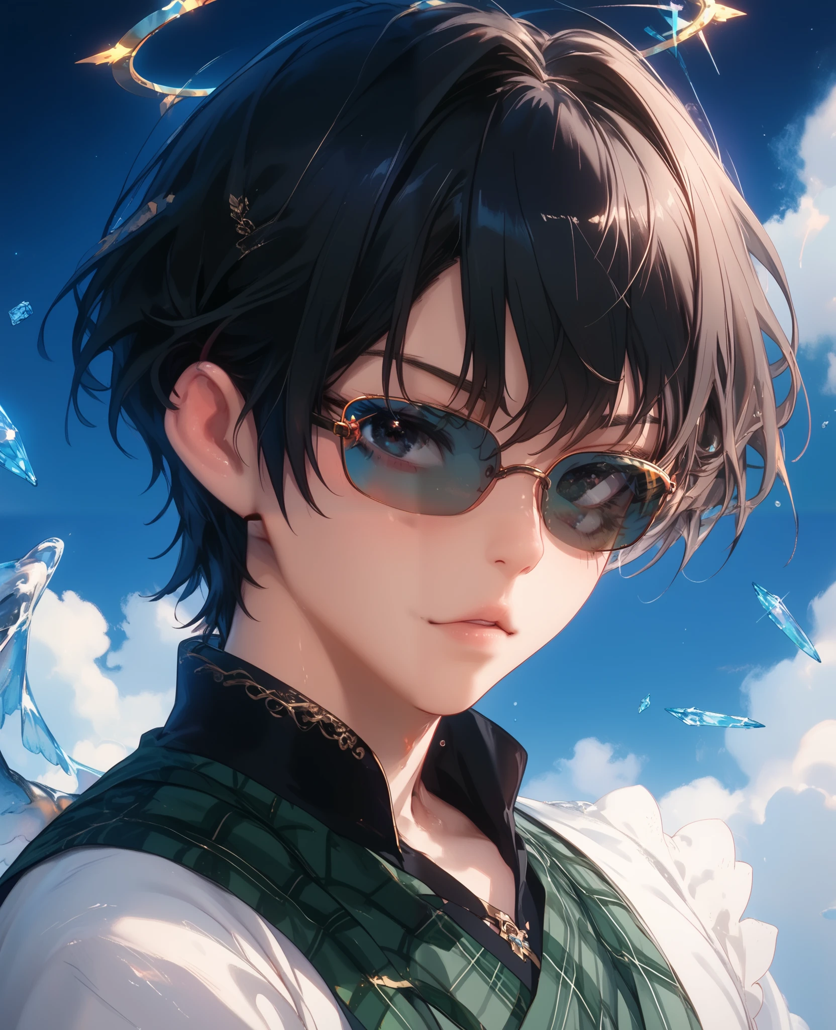 A man with a cool, beautiful face  , The sunglasses have a black horizontal design、Position the character's eyes so that they are completely invisible、 he is operating a silver laptop、 his costume is a green plaid shirt , dress up in fantasy , his hairstyle is simple, well-groomed, and short black hair 、 has natural movement at the tips of his hair 、Delicate decoration、 The background is designed to imitate space and includes a blue earth and a small UFO、 4K resolution, 最 High Quality ,  In Front Of The Public , Masterpiece, Crystal black eyes , Broken  angel Halo,  angel&#39;2 jet black wings 、 High Quality ,