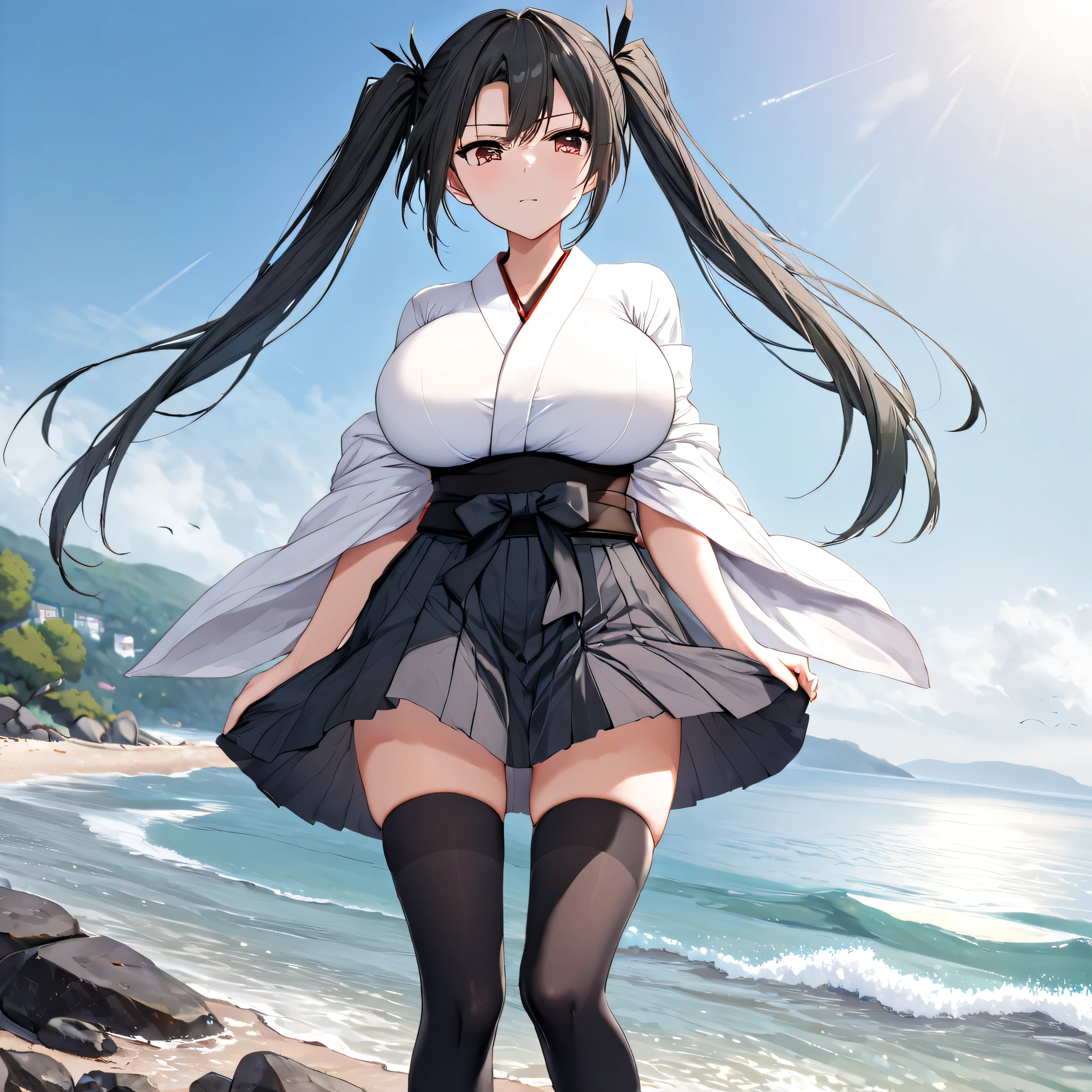 seaside, landscape, BREAK, solo, 1 skinny girl standing, zuikaku_kankore, black short hair, twintails, too short torso, too short waist, very long legs, (bursting large breasts),BREAK, (white kimono), (too short hakama skirt cinches underbust too tight), thigh gap, inky-black thighhighs