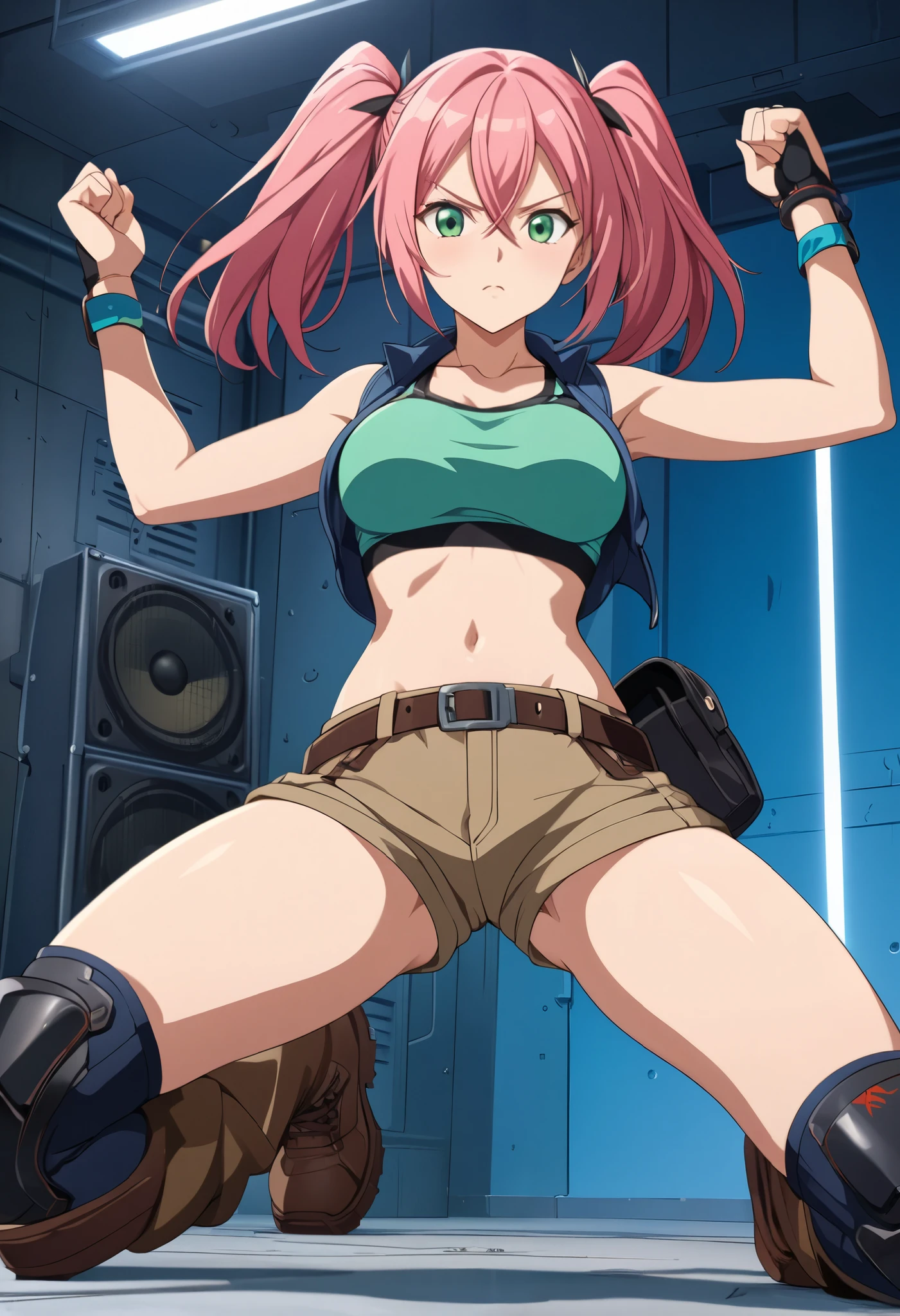 absurd, (absurdresolution)), masterpiece, best quality, (best illustration), (best shadow), beautiful detailed glow, ultra-High resolution, score_9, score_8_up, score_7_up, score_6_up, score_5_up, score_4_up, BREAK source_anime, anime screencap, uncensored, rating_explicit, curvy, dark persona, looking at viewer, full body, emotionless, Fighting Stance, cobratroop, blue bodysuit, red symbol, blue helmet, suspenders, belt, knee pads, boots, pink hair, long hair, high twintails, sidelocks, hair between eyes, parted bangs, green eyes, collarbone, cleavage, beige vest, sleeveless vest, midriff, tank top, green crop top, medium breasts, wristband, navel, belt, brown shorts, short shorts, shorts rolled up, hip vent, fanny pack, knee pads, brown footwear, boots,