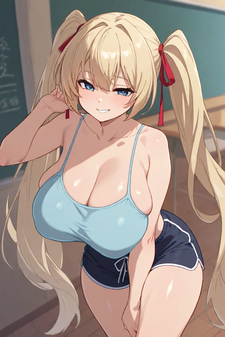 [1girl, yamada elf, eromanga sensei], curvy, (Toned), Highest quality, Super detailed, masterpiece, Ultra-high resolution, 8K, Ridiculous, Cowboy Shooting, Blurred, Focus on the girl, Embarrassing, blush, Lovely, Open your mouth, What saliva leaves behind,  (off-shoulder white tanktop), Wet skirt hem, (Sticky panties:1.1), (cleavage), (cleavage), Classroom Background, The skirt is accidentally exposed,(large breasts), (crop top navel), (waist line), Accidentally exposed panties