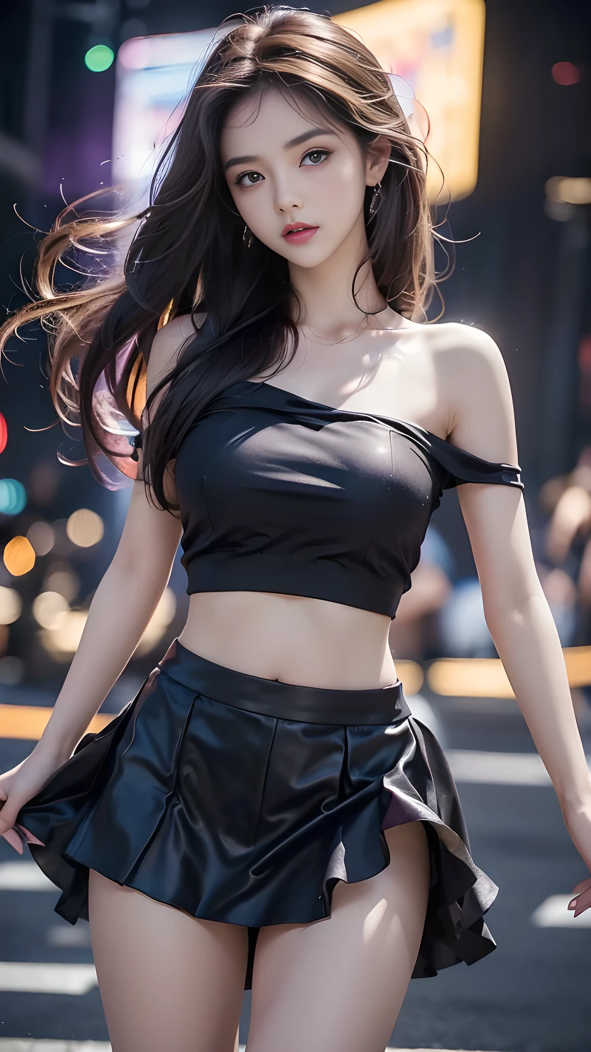 1 girl, 19 years old, ((city in Vietnam)), dark brown hair, purple eyes, hair ornament, black dance short skirt ((cowboy photo)), ((bare shoulders)), ((short skirt)), realistic detailed photo of a plumple breasted girl with exposed shoulders, detailed fingers, high quality skin, blue eyes, dancing on stage, dance floor, wind and flying hair, (best quality, 4k, 8k, high resolution, masterpiece: 1.2), extremely detailed, (realistic, photorealistic, photorealistic: 1.37), studio lighting, vivid colors