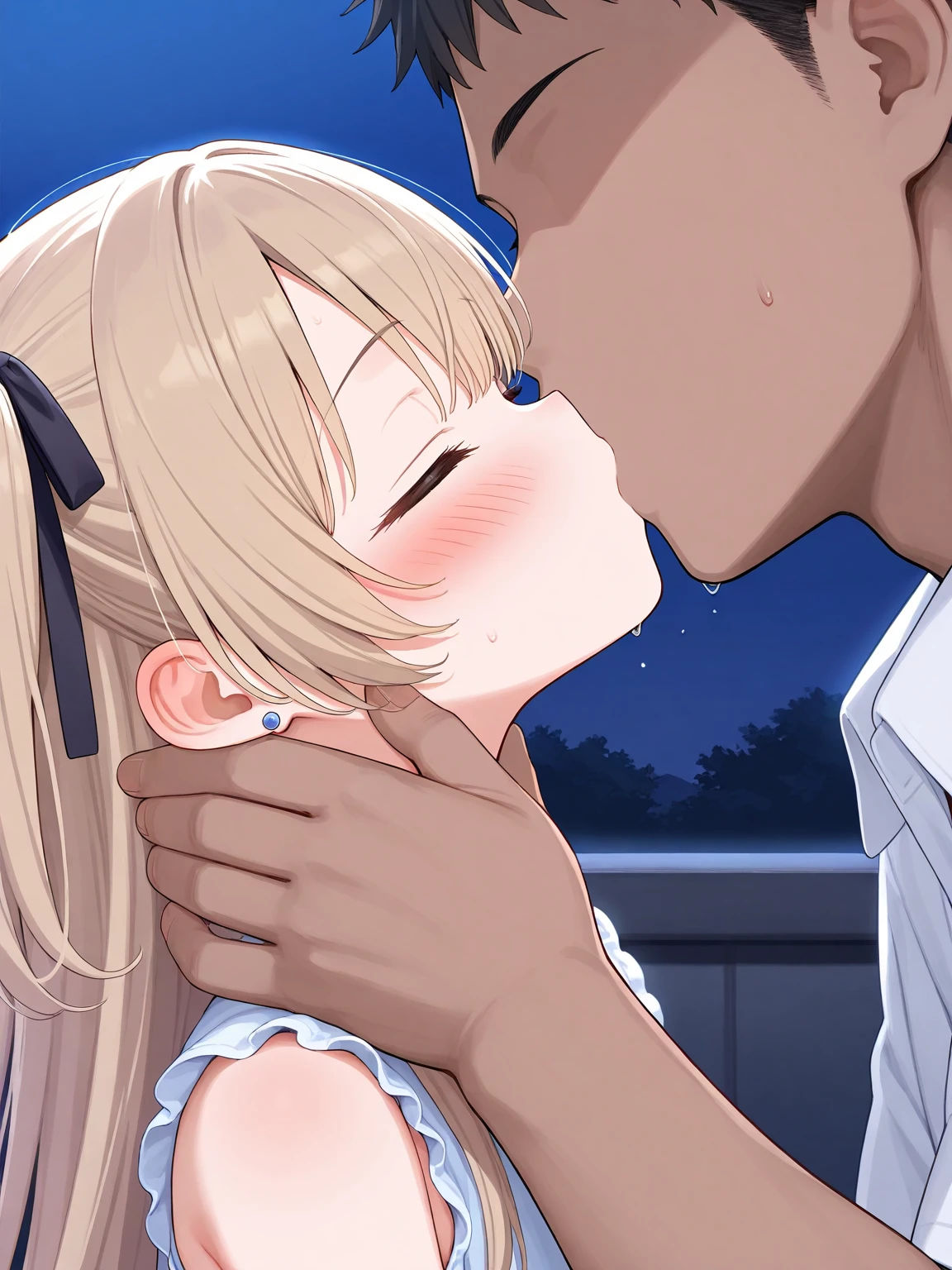 Shorts、Plain whitetshirt、 running、Country road at night、Blonde twin tails、Big Breasts、8-year-old、Intense Sweat、Black Eyes、Directly below angle、suck dick
