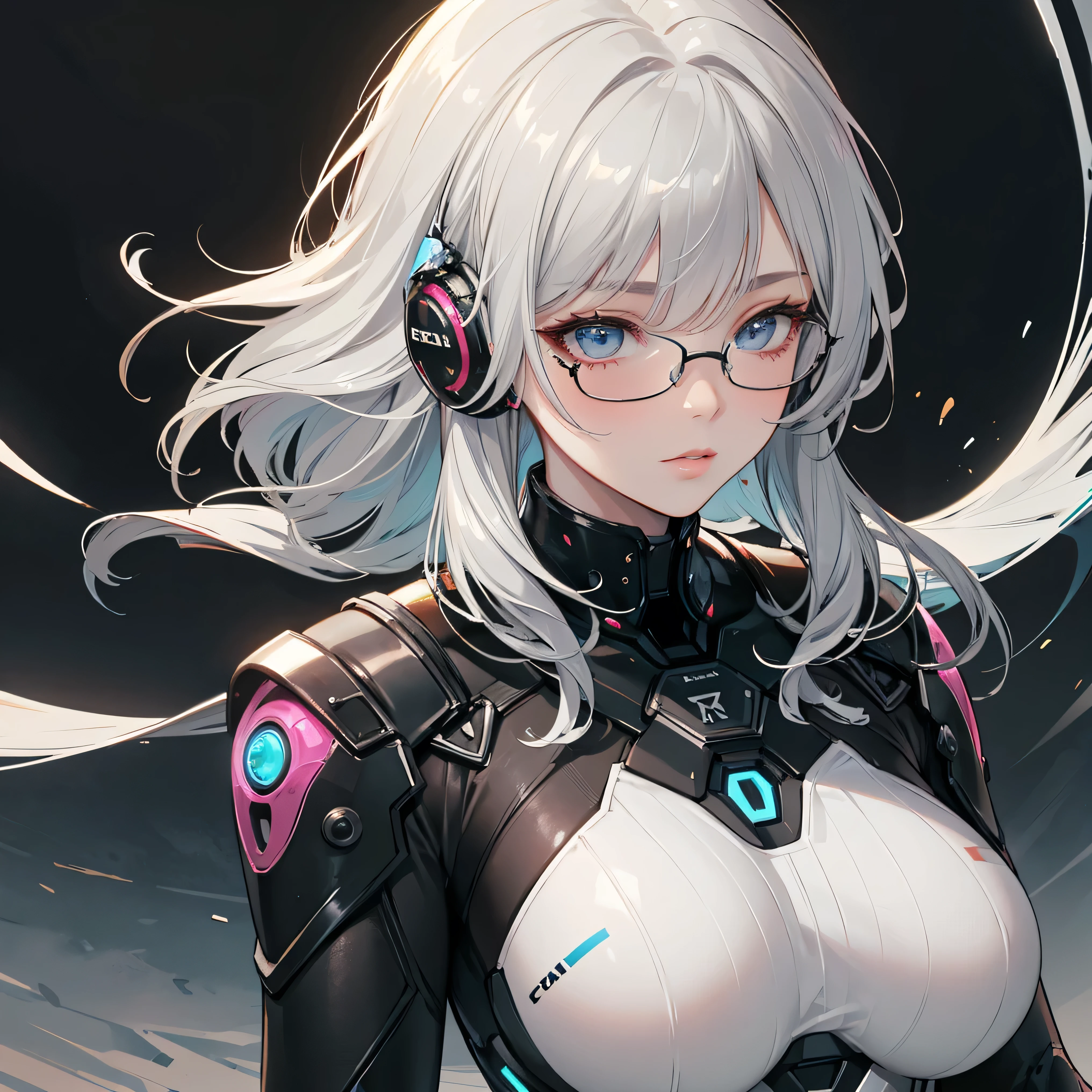 beautiful faces, best quality , super high definition natural light , Shiny Skin, detailed skin, detailed face , detailed eyes, beautiful woman, Gray Hair, straight hair , floating hair , Big Hair, mole under eye, wore glasses, headphones, A scene from a science fiction movie, great background , A metal suit that fits your body perfectly, Thick belt.