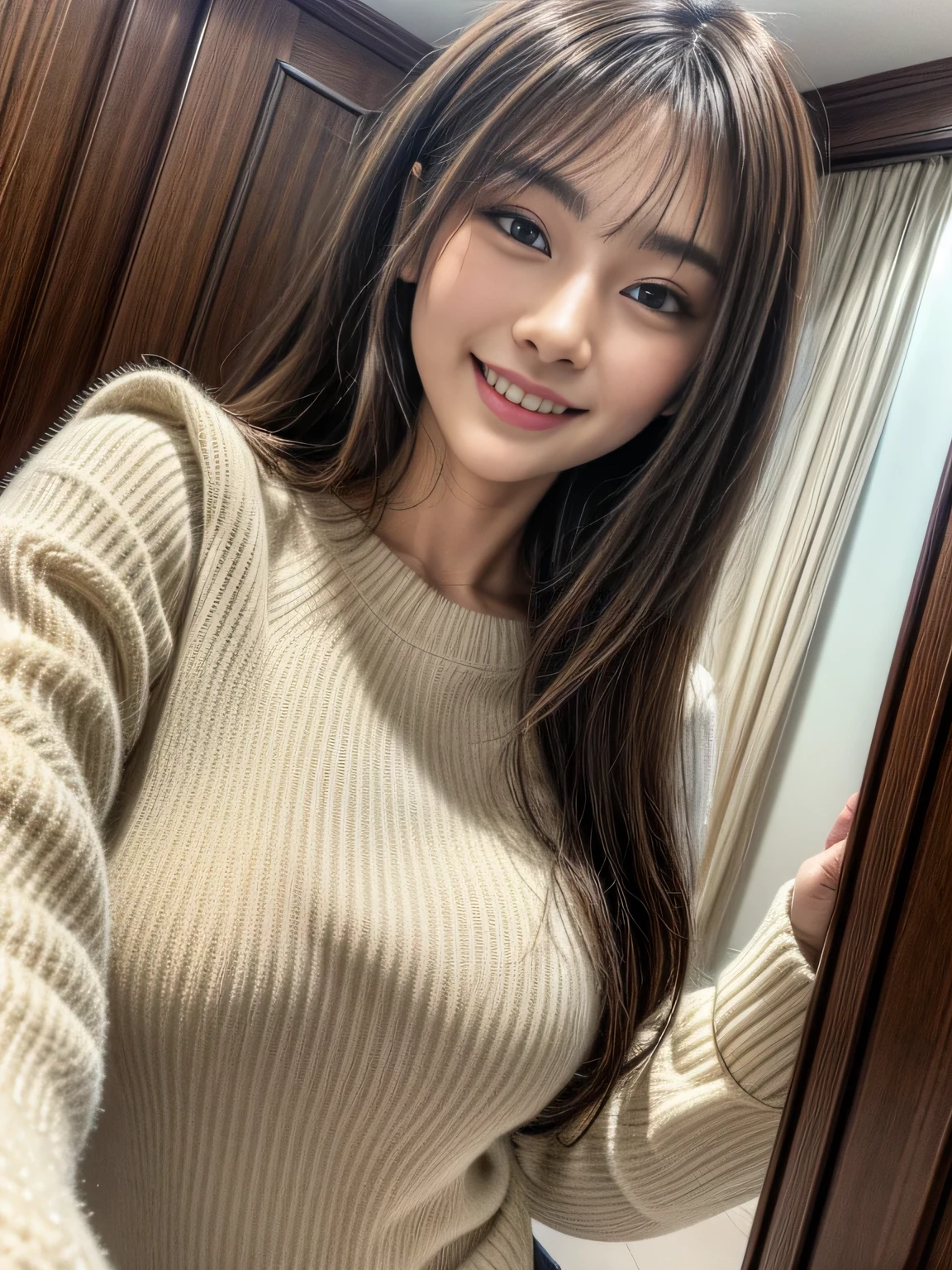 ((Best quality, 8k, Masterpiece :1.3)), 1girl,bed,Pretty woman with slender, Huge breasts, Long Hair,Half Smile, Bell Sleeve Sweater,Ultra-detailed face,Leaning Forward, cute eyes, Double eyelid,Lying Down