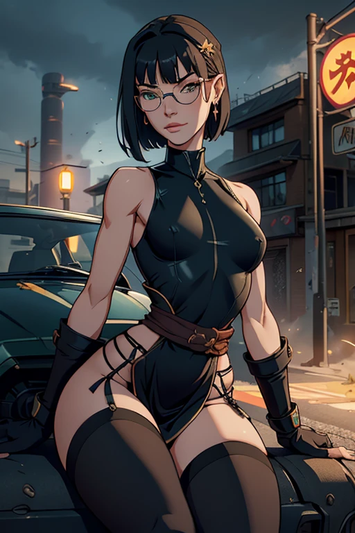 Thick outline, comics, Realistic, Perfect hands, masterpiece:1.2, forest, colorful, Sitting、Spread your legs, smile, 1 Girl, alone, Yuffie Kisaragi, short hair, Black Hair, head band, 比基尼, topless,Arm guard, Fingerless gloves, Tan shorts, Single thigh length, Fishnet tights, socks, sneakers, Small breasts, Detailed Background, Detailed face, Beautiful Eyes, 