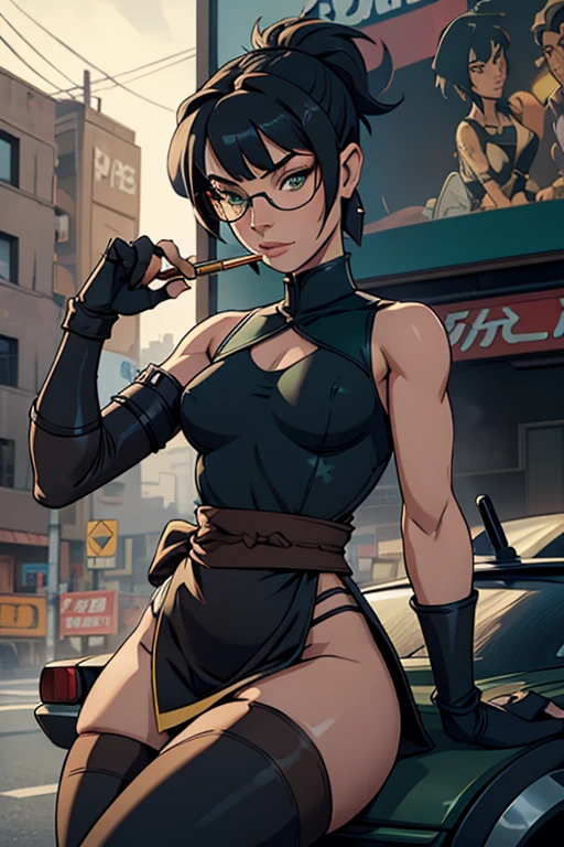 One girl, Mature Adult, Dark brown hair, Silver Leotard, barefoot, boots, gloves, Hands on hips, casino, bracelet, Green Eyes, alone, single, Bob Hair