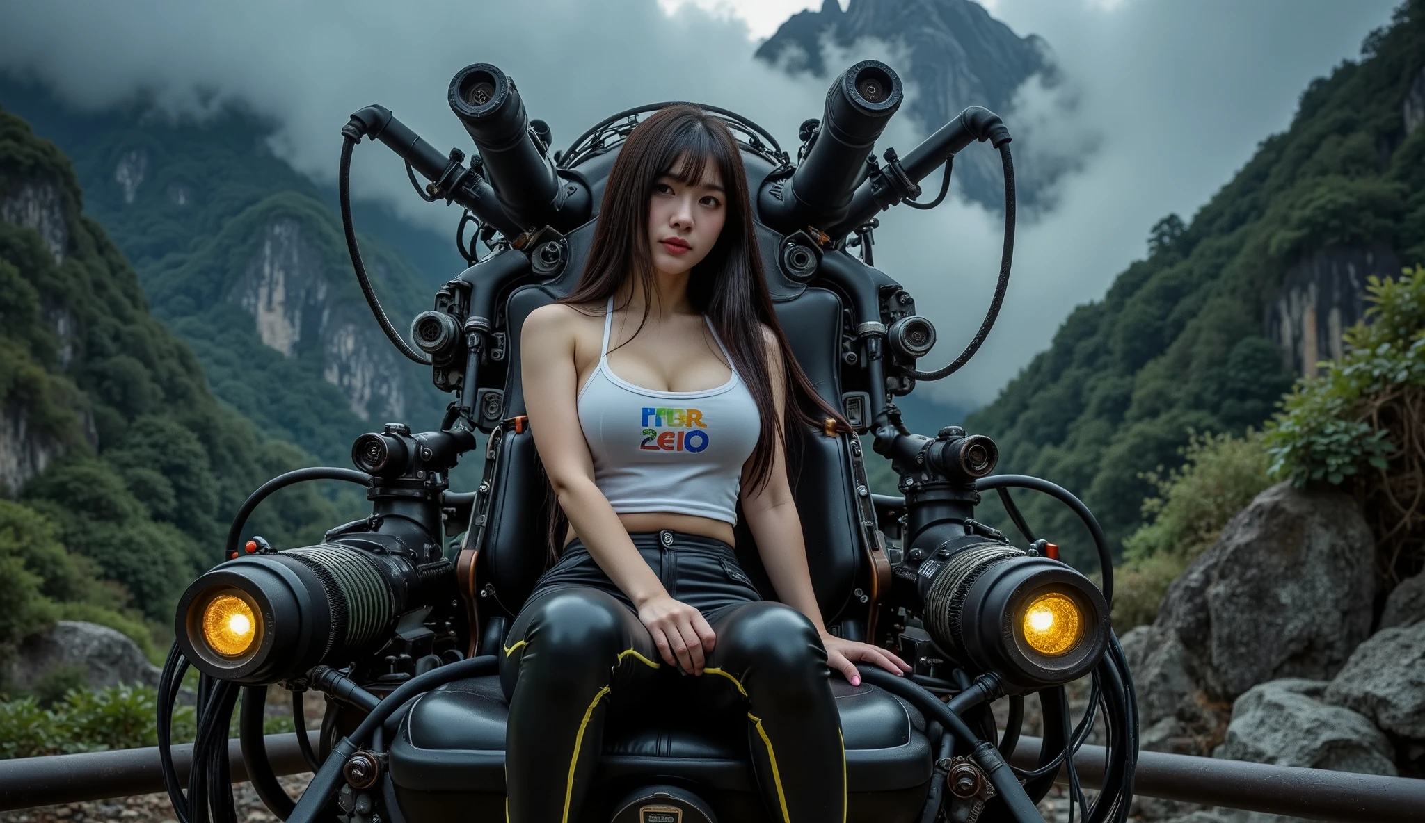 a beautiful japanese woman aged 21, long black hair, long fringe, large breasts, cleavage, dark eyes, soft skin, round face, short stature, thin waist, wide hips, tight white top with logo "Four nine Zero" and black latex pants with yellow line on the sides. she sits in a large futuristic chair on top of a pile of metal machines which have numerous cables and pipes emanating from all over the machine parts. the atmosphere is dark and brooding with mist and jagged mountains in the darkness, dark background. stars