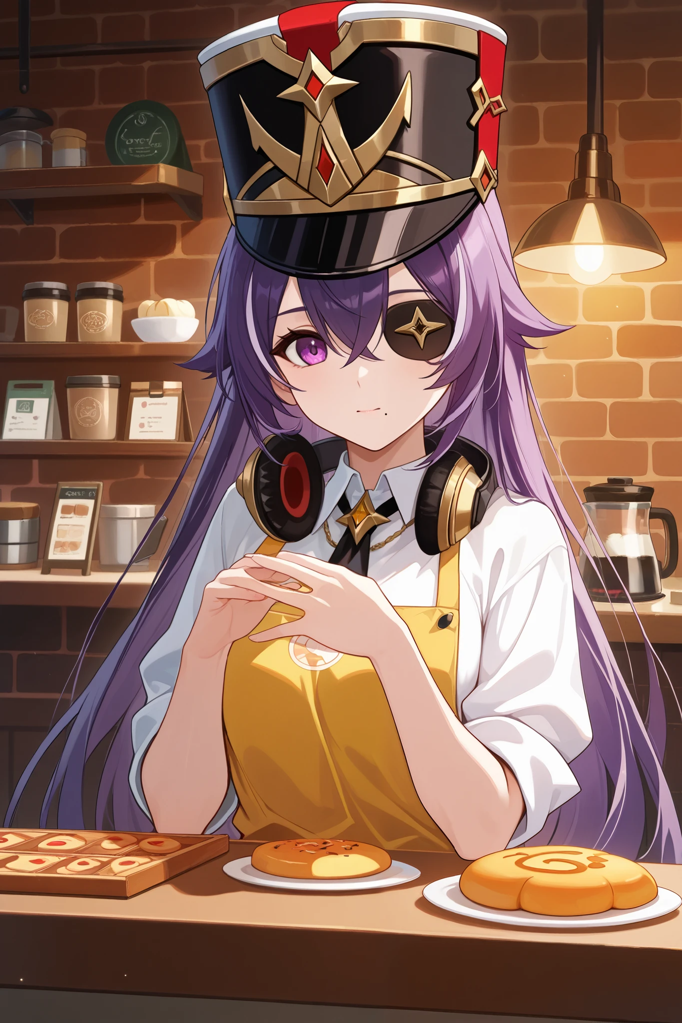 score_9, score_8_up, score_7_up, source_anime, 1girl, shevidef , purple eyes , purple hair , hair in strands , long hair, pointed hair , hair between eyes, eye patch , mole under mouth, headphones, shako hat, gold trim, black tie, white shirt , apron, waist-deep , barista, coffee shop background , in the hands of sweets