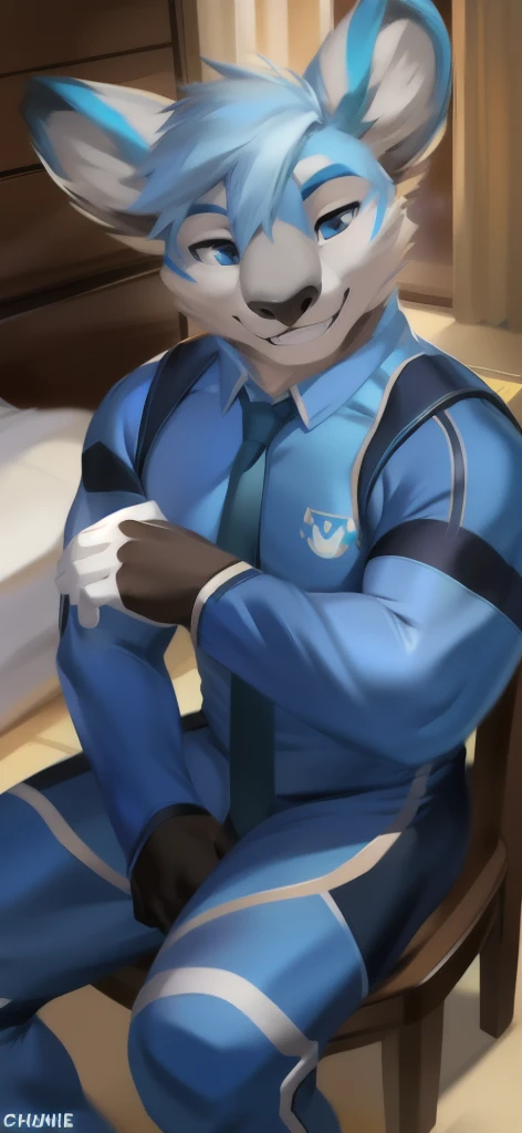 solo, male, brown fur, otter, chase hunter, brown goatee, wearing a (white and blue stripes spandex bodysuit cycling suit lycra, spandex one-piece leotard bodysuit), (orange chorme sunglasses), inside a motel bedroom (bright-lit room), lay back on bed, tent bulge (erection bulge), lustful smile expression, full-body view, sexy pin-up posing, camera view, by zackarry911, by zaush, detailed eye, detailed face