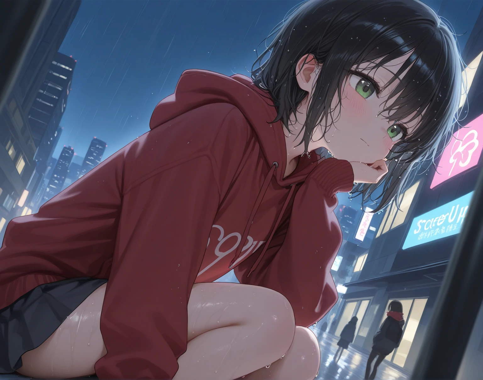 "Two people sit under the eaves of a building on a rainy night. A girl in a red hoodie with messy, wet hair eats steamed buns in silence as steam rises from her face. A young man sits next to her. There is a quiet and reflective atmosphere as the raindrops fall silently.