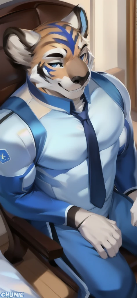 alone, Male tall , Big torso ,Chair Ride, bedroom,koala tiger pattern, Asoke Tree ,blue military spacesuit, heavy overload , muscle ties , smiley , by chunie