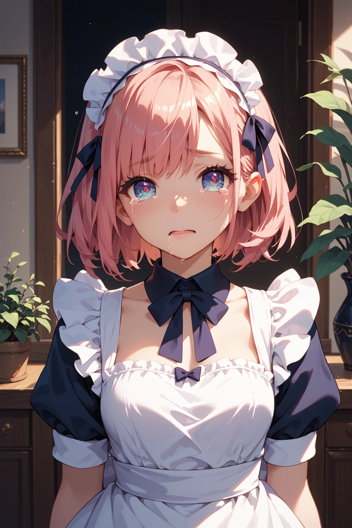 Facing forward , (tears) , Maid , random hair style , random hair color , random eyes color
