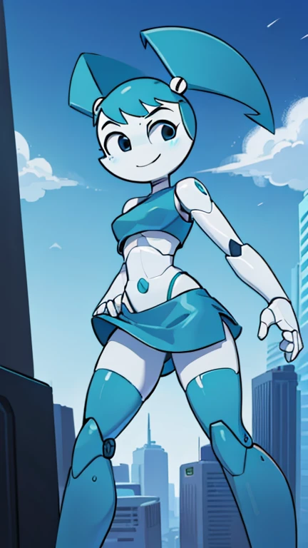 High quality portrait of Jenny Wakeman fighting aliens in a futuristic city. HORA DO DIA. Cara de bravo. robot body, robot joints. Parafuso azul no umbigo, traje rasgado