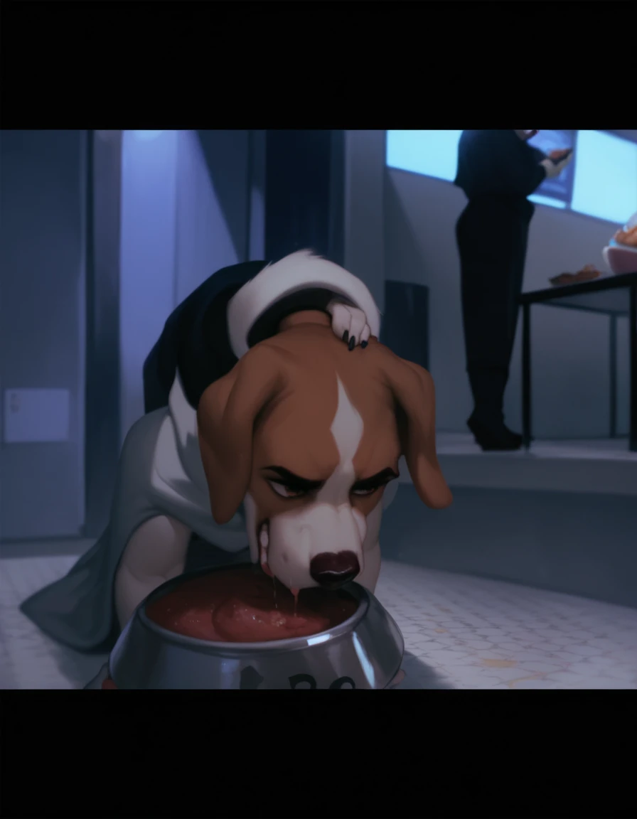 score_9, score_8_up, score_7_up, score_6_up, anthropomorphic, furry, beagle, wearing a airport security dog sheet (dog cape shaped), eating meat chops, metal feeding bowl, feeding head down