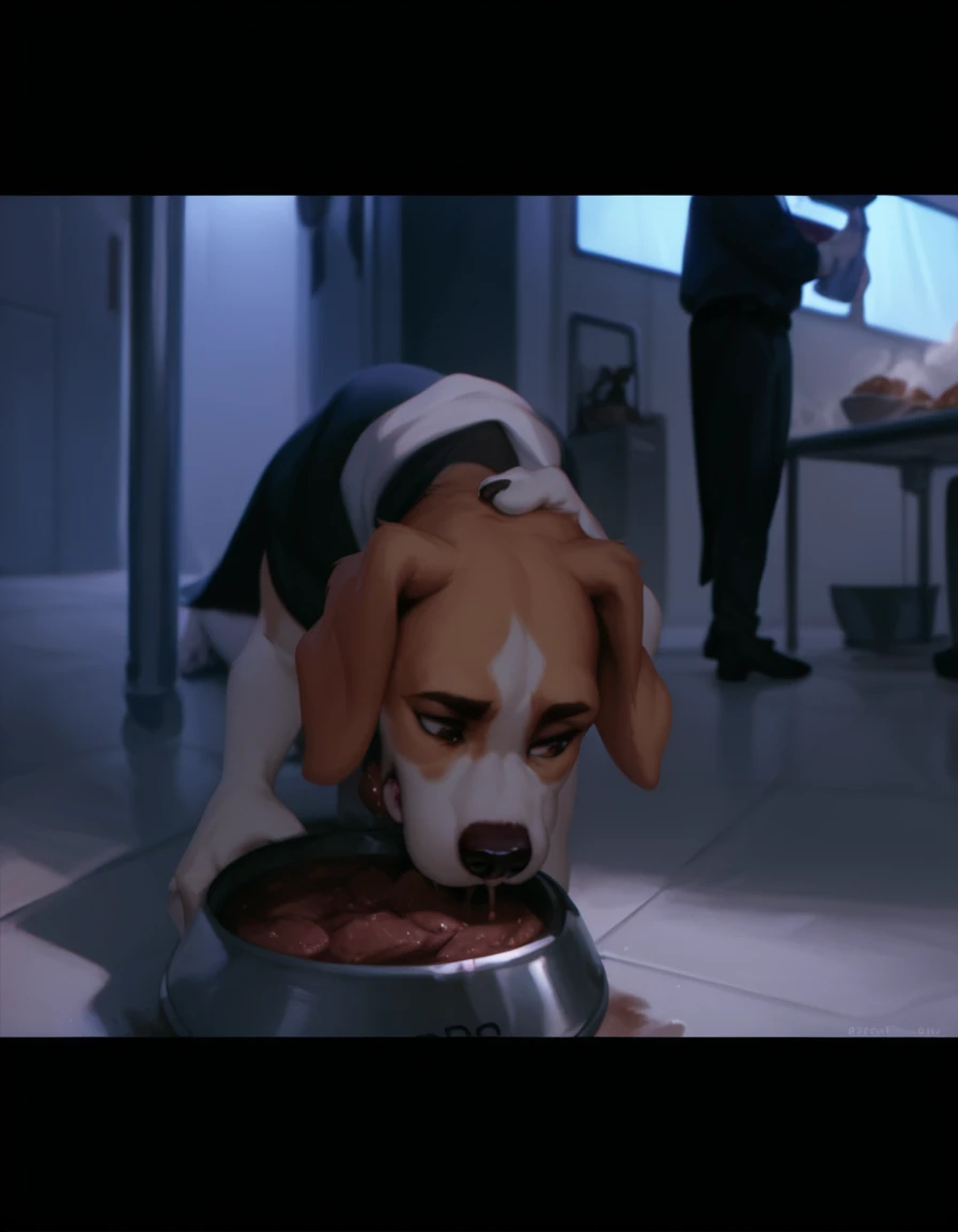 score_9, score_8_up, score_7_up, score_6_up, anthropomorphic, furry, beagle, wearing a airport security dog sheet (dog cape shaped), eating meat chops, metal feeding bowl, feeding head down