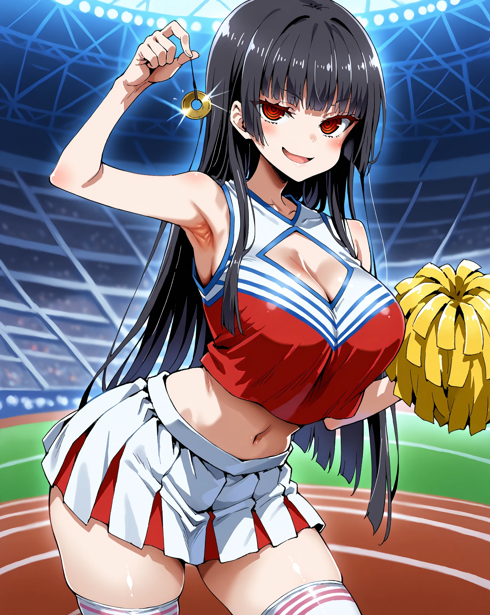 score_9, score_8_up, score_7_up, 1girl,solo, seduce, seductive, 
breasts, medium breasts, maximum 5 fingers, top quality , great quality,
on the stadium, audience behind the scene, blurry background, she is holding a pendulum in one hand (hypnotist holding a pendulum), ((holding pendulum)), holding string, one hand up, open mouth, smirk, ((cheerleader costume)), cheerleading, sleeveless, crop top, armpit, standing, contrapposto, ((holding pom pom with one hand)), masterpiece, high quality, absurd resolution, beautiful hands, bare hands, thighhighs,pink-and-white stripes legwear, miniskirt, cleavage, blush, looking at viewer, ringed eyes, art style of asanagi,
long hair, bangs, black hair, red eyes, hime cut, ringed eyes,
