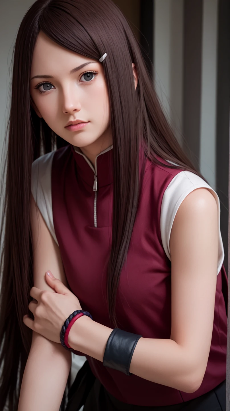 1girl, dark brown long hair, kushina hair, black eyes, purple qypao sleeveless, hand band