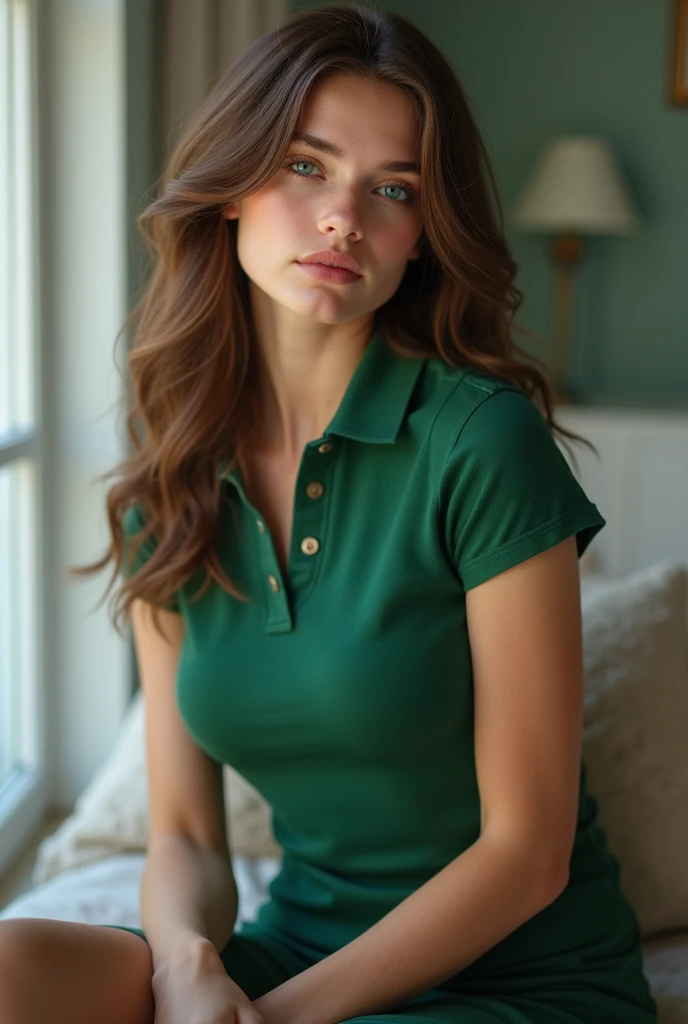 the face and shoulders of a beautiful european girl with brown eyes and brunette hair, wearing a light green polo shirt, smilling, ultra high resolution, (photorealistic: 1.4), high resolution ,(brown eyes), (finely detailed skin), (perfectly proportions) (photos realistic) (masterpiece) (photorealistic), ultrarealistic (Best Quality) (Detailed) photographed in a Canon EOS R5, 50mm Lens, F/2.8, (8K) (Wallpaper) (Cinematic lighting) (Dramatic Lighting) (Convoluted) Fashion