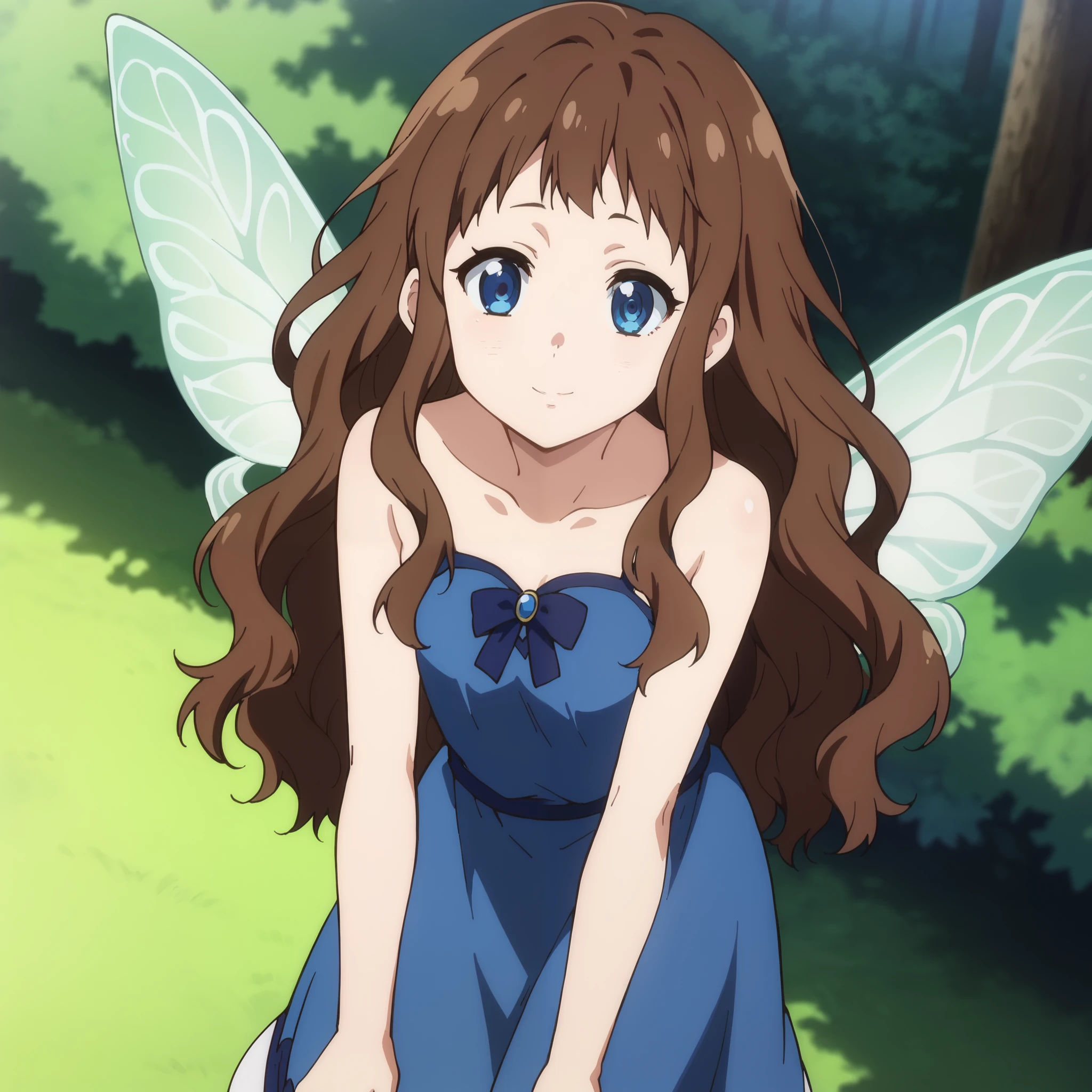 score_9, score_8_up, score_7_up, source_anime,
arche, ai shindou, long hair, blue eyes, brown hair, wavy hair,
skirt, magician dress, mage outfits, white butterfly wings,
indoors, bent over, smile, forest, sit on a fallen tree,
looking at viewer, cowboy shot, dutch angle, solo,