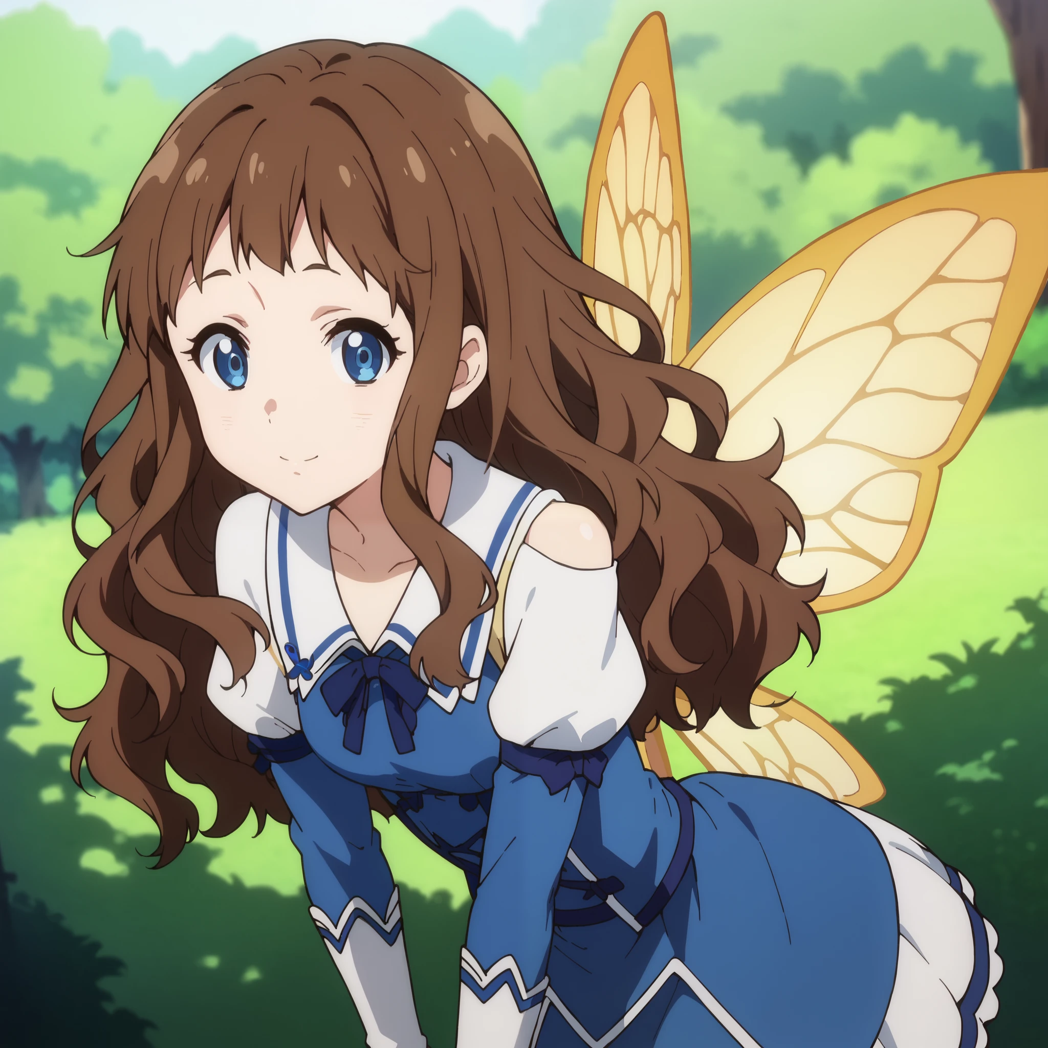 score_9, score_8_up, score_7_up, source_anime,
arche, ai shindou, long hair, blue eyes, brown hair, wavy hair,
skirt, magician dress, mage outfits, white butterfly wings,
indoors, bent over, smile, forest, sit on a fallen tree,
looking at viewer, cowboy shot, dutch angle, solo,