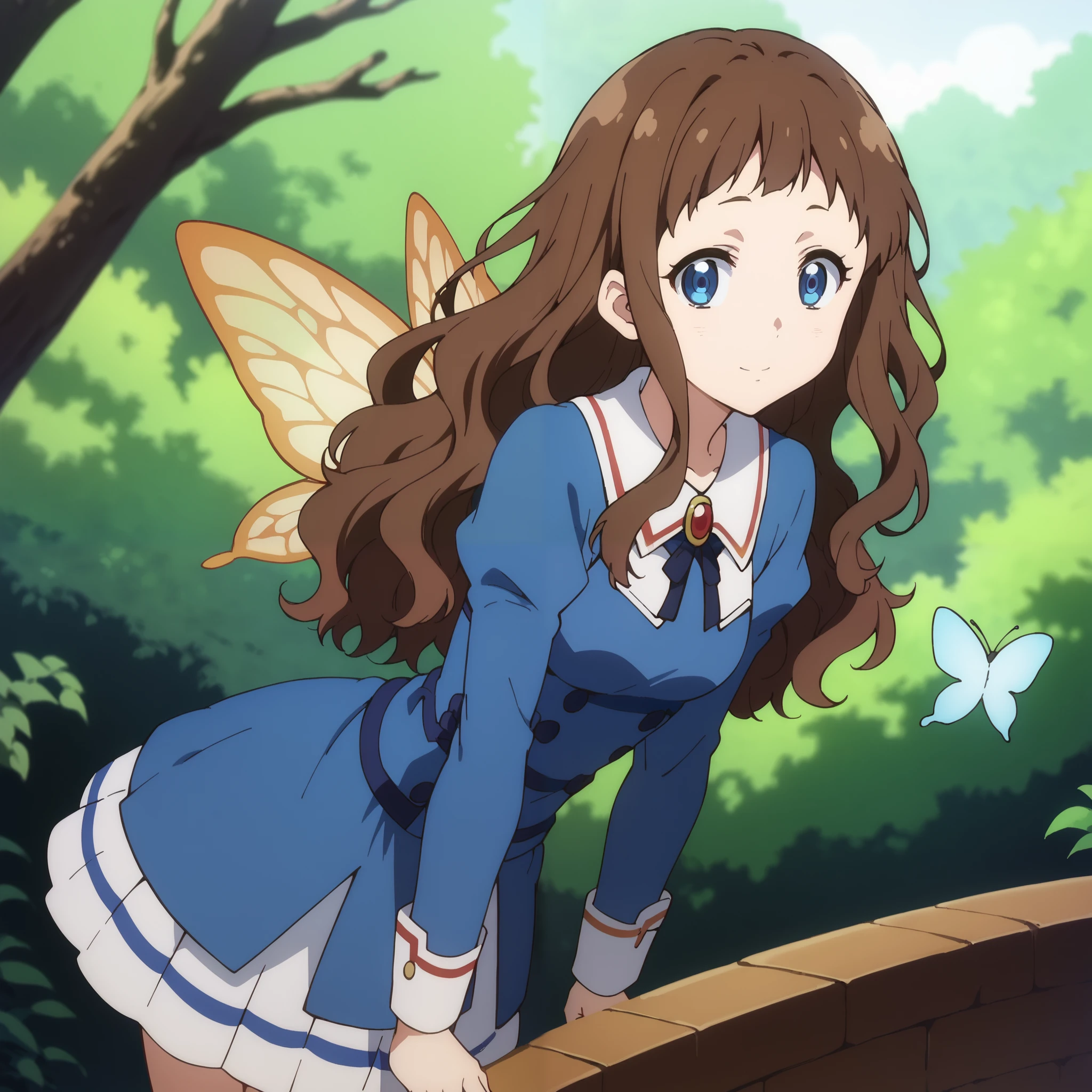 score_9, score_8_up, score_7_up, source_anime,
arche, ai shindou, long hair, blue eyes, brown hair, wavy hair,
skirt, magician dress, mage outfits, white butterfly wings,
indoors, bent over, smile, forest, sit on a fallen tree,
looking at viewer, cowboy shot, dutch angle, solo,