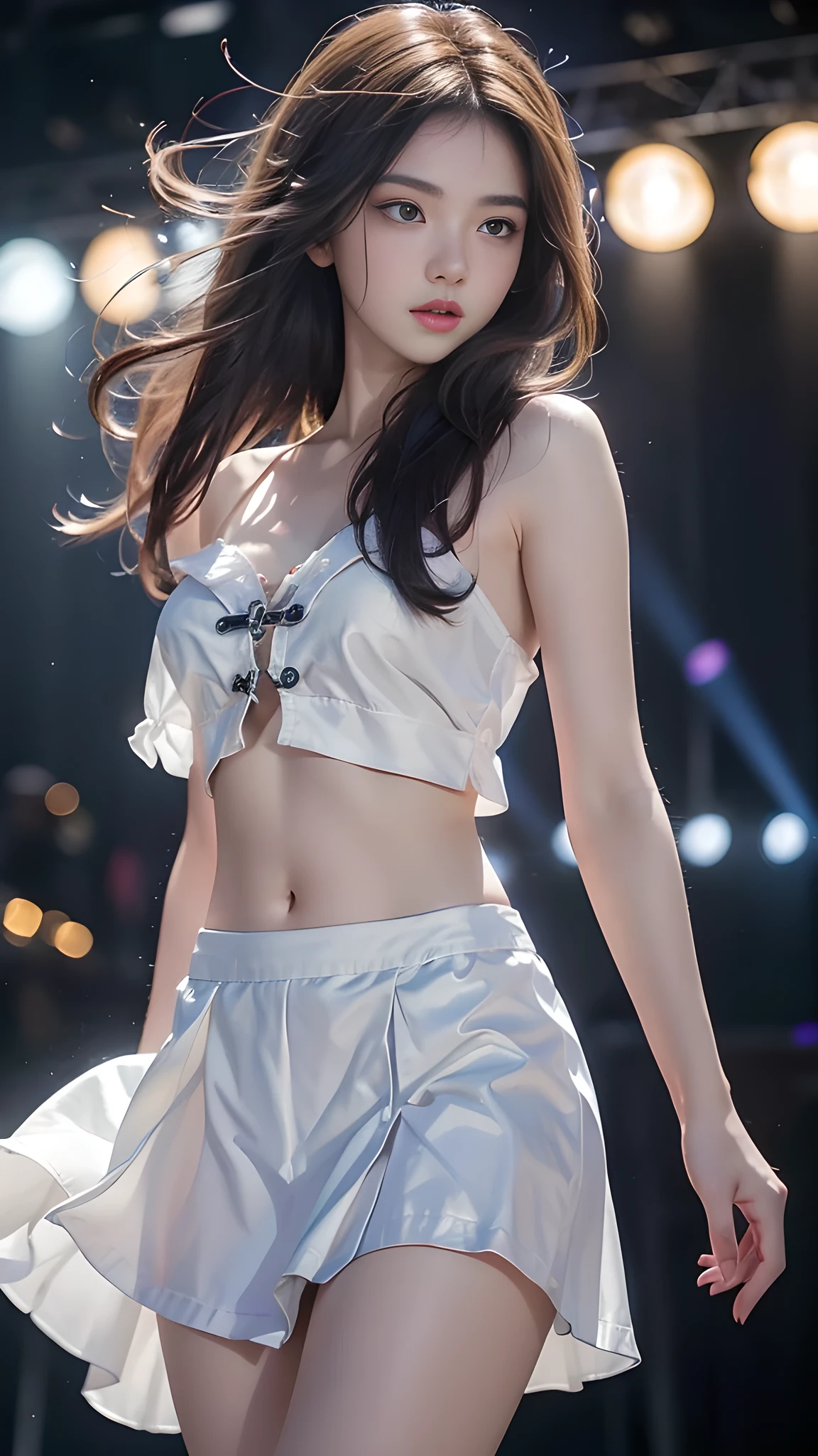 nsfw, Pulling the wind, lifting the wind、、Middle schooible cracks,Highly detaileded face and skin texture,((Exposing shoulders)), double eyelid,Skin whitening,Long Hair,White and long legs, pretty girl, Angle from below、beautifulメイク, detailed, Real, Very detaileded, Amazing, beautiful, Young and energetic, high quality,High resolution, colorful, Dance、Dance Stage、beautiful, Smooth Skin, shawl, Official Art, Extremely detaileded, atmosphere, Soft colors, Natural skin texture, random scene, Random shooting angle, barefoot, Lace hem、An innocent smile、