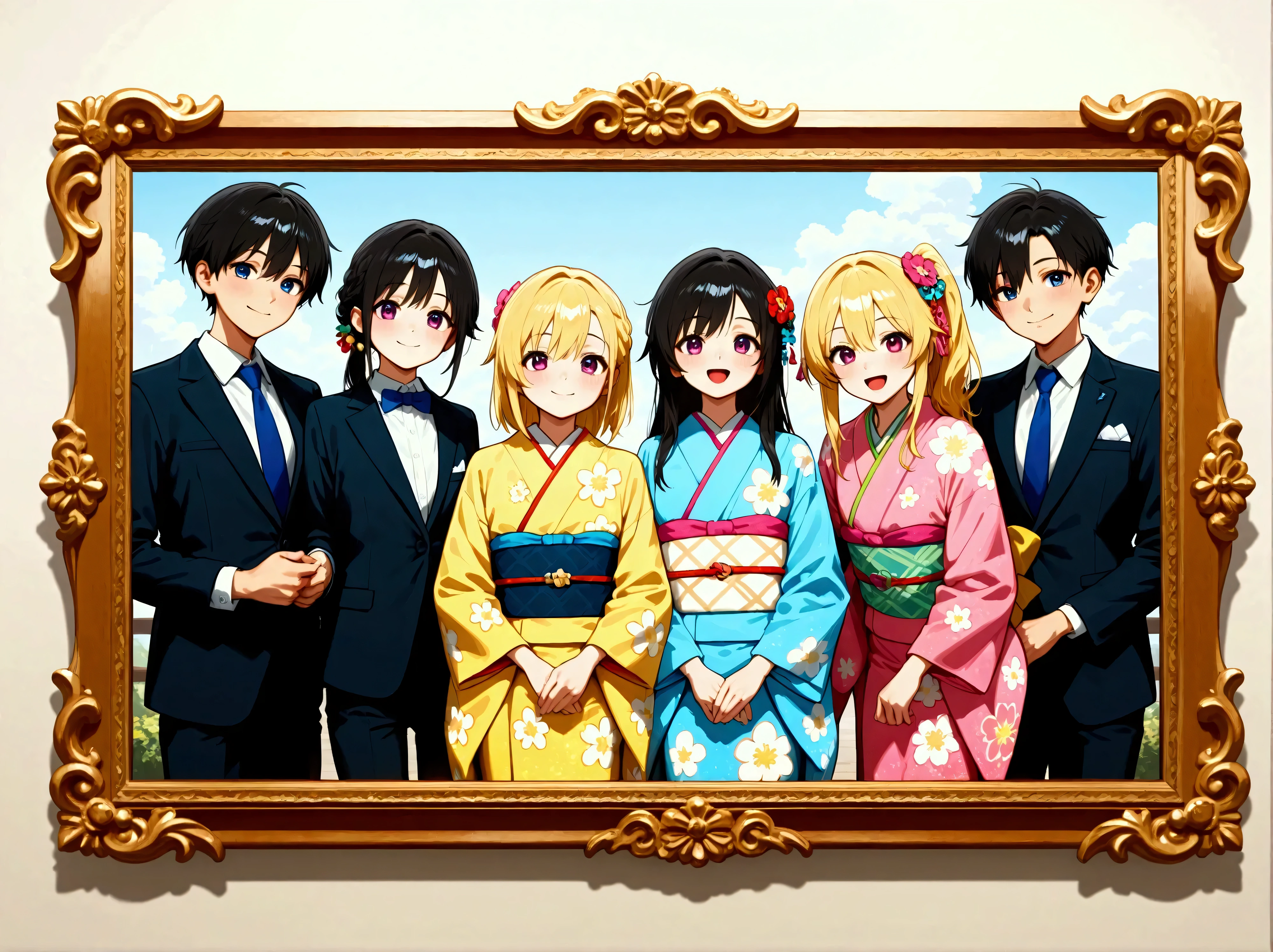 (masterpiece:1.3, good anatomy,  highres, great detail,  RAW photos ), Four young people are photographed side-by-side in a tilted photo frame:1.3, A blonde young man in a suit with a refreshing smile BREAK A Japanese young man in a suit with a refreshing smile BREAK A Japanese young woman in a suit with a gentle smile:1.3 BREAK Blonde Japanese young woman in a colorful kimono