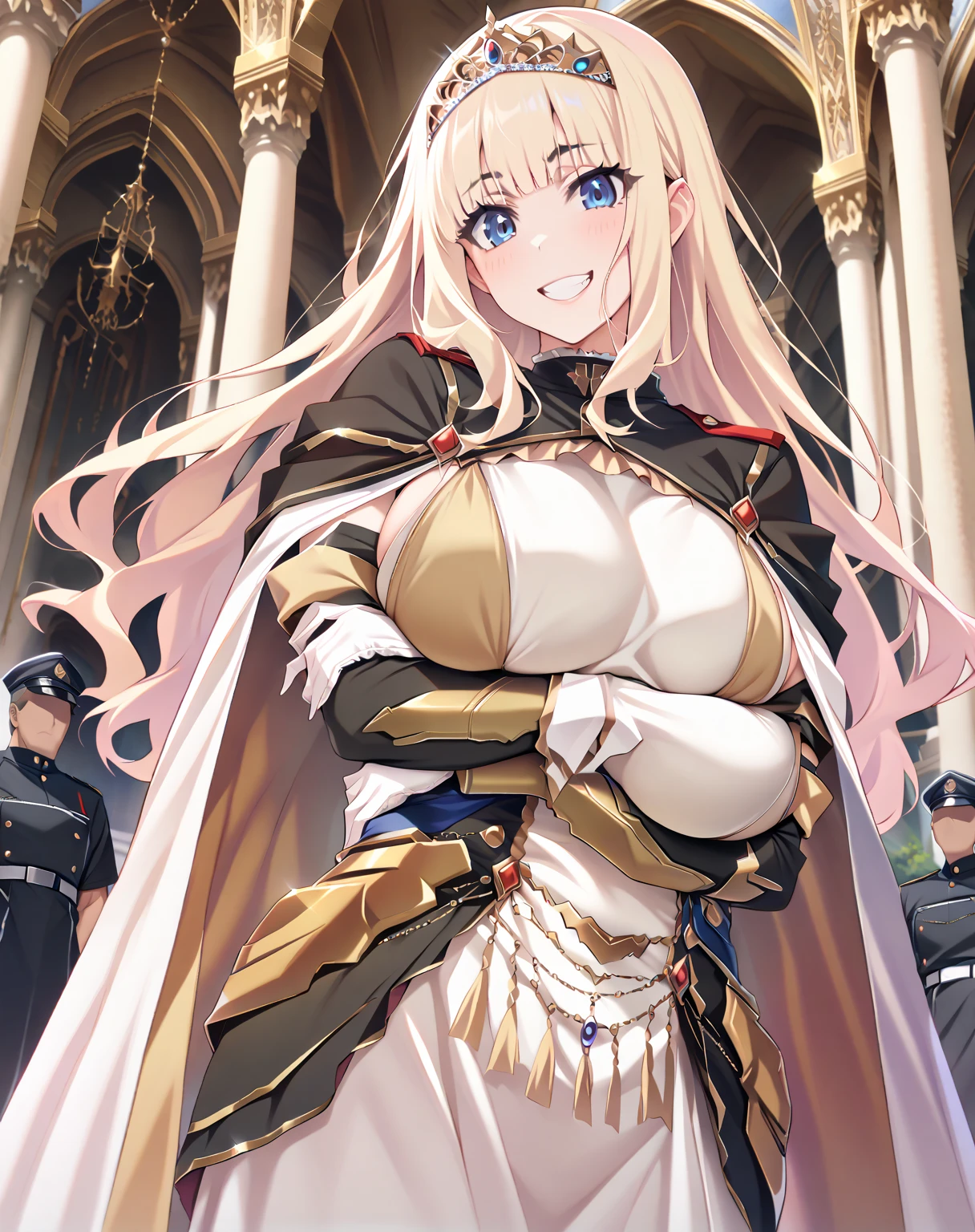 {{ upper body,  Dutch angle}} {{ artist : moisture_(Chichi)}}  female 1,  there are 2 security guards on each side holding her, 2 men in armor ,  Faceless Woman ,  Mature Woman ,  elegant ,  princess,  big breasts,  straight hair , Blonde,  long hair, hime cut,  green eyes, white dress,  gold trim ,  tiara ,  watching viewers ,  grin ,  detained by 2 men ,  Faceless Man , Outdoors, garden, palace,