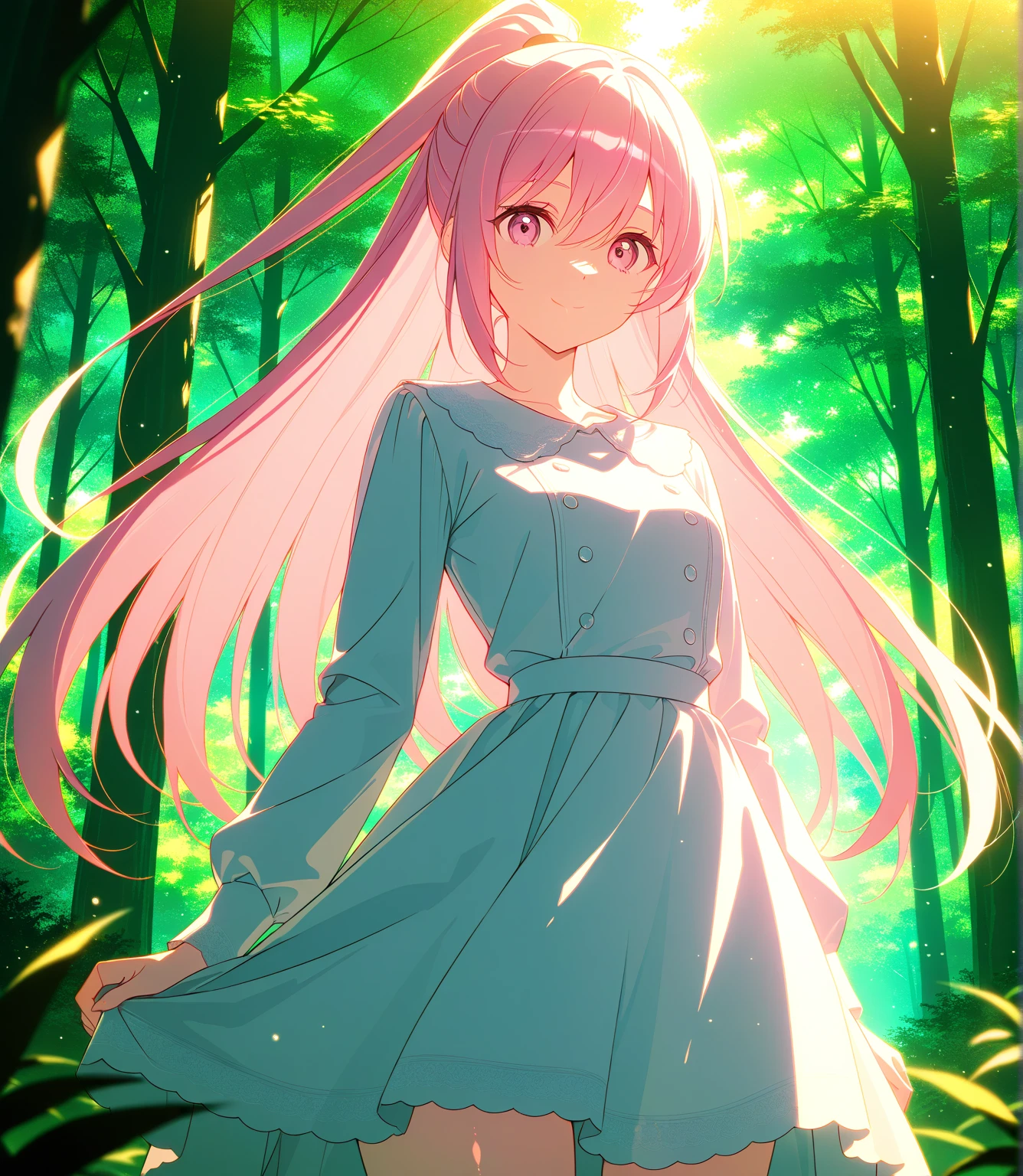 score_9, score_8_up, score_7_up, masterpiece, absurdres, source_anime,safe, 1girl, solo, adult, girl focus, adult, very detailed expressive eyes, very detailed eyes, aesthetic eyes, bright eyes, (bright pink eyes),  pink eyes, beautifully styled hair, very detailed hair, straight hair, bright pink hair, long hair, hair between eyes, (hair styled straight),  (styled ponytail), (straight hair), (straight ponytail),(slim ponytail: 1.2),styled hair,  little smile, looking at viewer, (small breasts), shiny skin, healthy skin colour, BREAK
((black and white) dress),  standing,  half body, cowboy shot, BREAK
outdoors, nature, forest, professional lighting, BREAK
HDR, 8K, masterpiece, best quality, amazing quality, very aesthetic, high resolution, ultra-detailed, absurdres, newest, scenery, 
aesthetic detailed background, best quality, game cg aesthetics,
 beautiful detailed eyes, detailed skin, detailed hair, light particles,  depth of field, natural shadows, 
(masterpiece), ultra-detailed, 1024k UHD wallpaper, ultra-high resolution, depth of field, HDR, Ray tracing, RTX, high saturation, photon mapping, best texture quality, best compotitions, (extremely detailed CG 1024k wallpaper), High Details, Detailed face, Detailed Clothes, Ultra HD Photo, Perfect Face, expressive eyes, bright colours