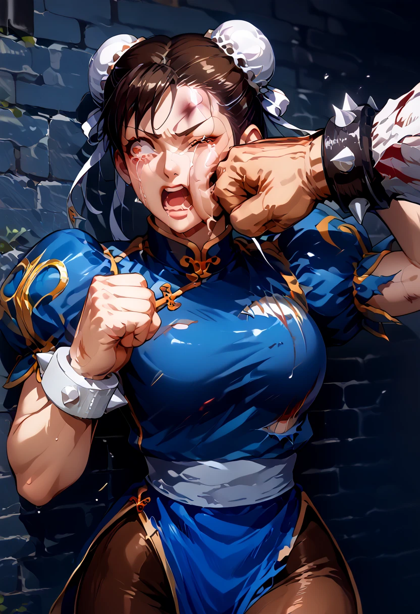 ((solo)),portrait,pov,(1girl),nsfw, (High quality, Ultra detailed, best quality, insanely detailed, beautiful),8K,anime,toxic art,(((she is brutally knocked on the face:1.3))), (((monstrous men punching her cheek:1.2))), (((knocked in the face))), (((assaulted))), pain, (((her cheek is deformed by the violent impact:1.3))), (her chin is deformed by the impact),(((strangled woman view:1.17))), (scratch on face or breast),(Are Are crying, Weak and tired eyes, tears: 1.2),( Bruises or blood on the face or body, Blood flowing from the head and face, Bodily injury or injury, Wounds and cuts, Bleeding lips: 1.2), (Tattered clothes: 1.2), Bloodstains on clothes,(((torn clothes))), (((exposed naked breasts))), (((fast strangling movement effect:1.2))),break,(((chun-li was the torture death match victim,sf2 chun,young,24yo,double bun, bun cover, China dress, Chai Pao, Blue clothes, Puffy sleeves, Brown pantyhose, White Belt, huge breasts,thick body))),break,Arms tied,(breast bondage:1.3),shibari arms,bondage,(arms behind back:1.29),restraint rope,Sweaty body,tearsdrop,break,In the underground cage,Anatomically correct、Severe injuries to face and body、Ropes that dig into the body、Tied up with rope,(meatshield style)