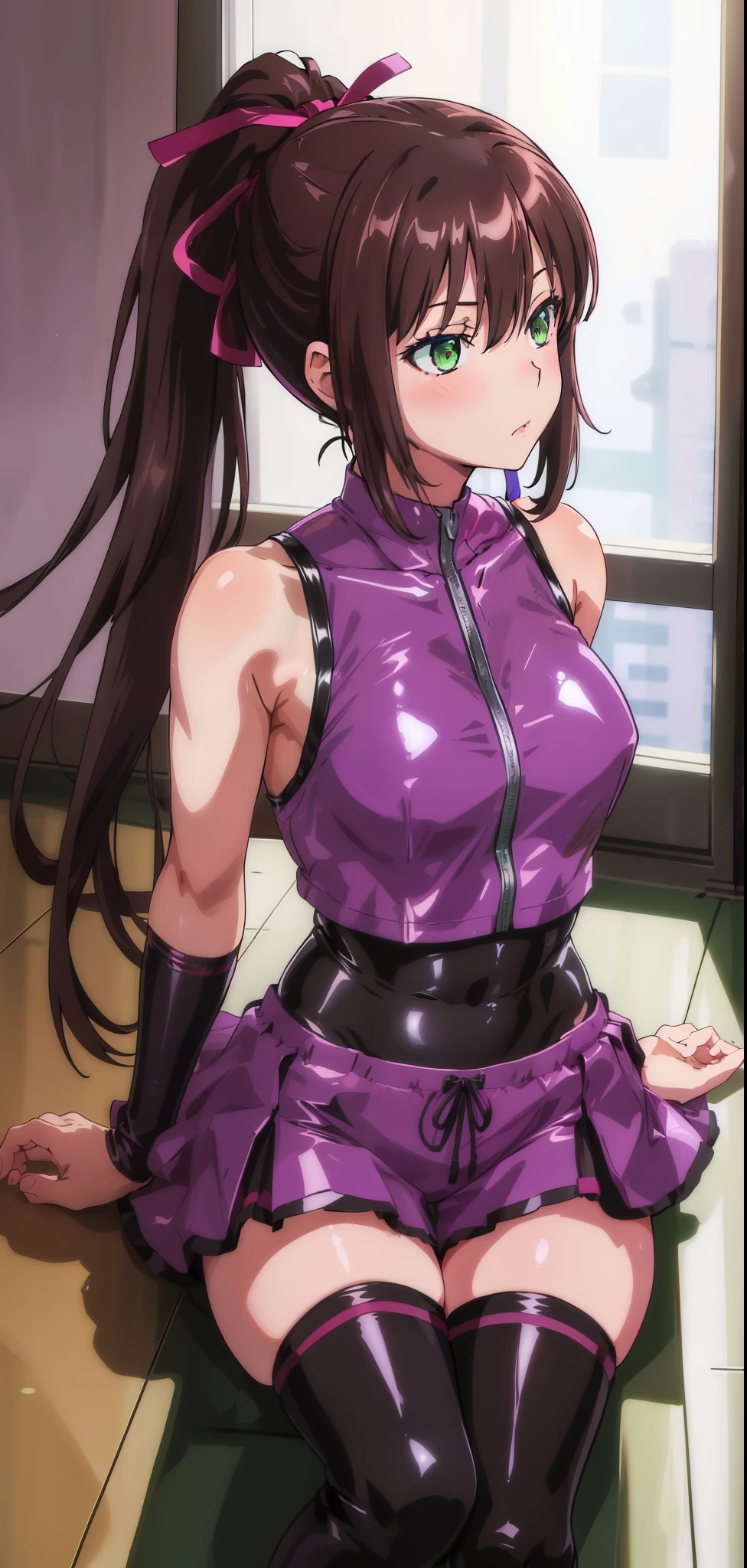 masterpiece, best quality,1girl,solo,kirasaka sayaka,brown hair,long hair,ponytail, hair ribbon, green eyes,,purple thighhighs,(latex bodysuit),( sleeveless ),sitting, indoors 