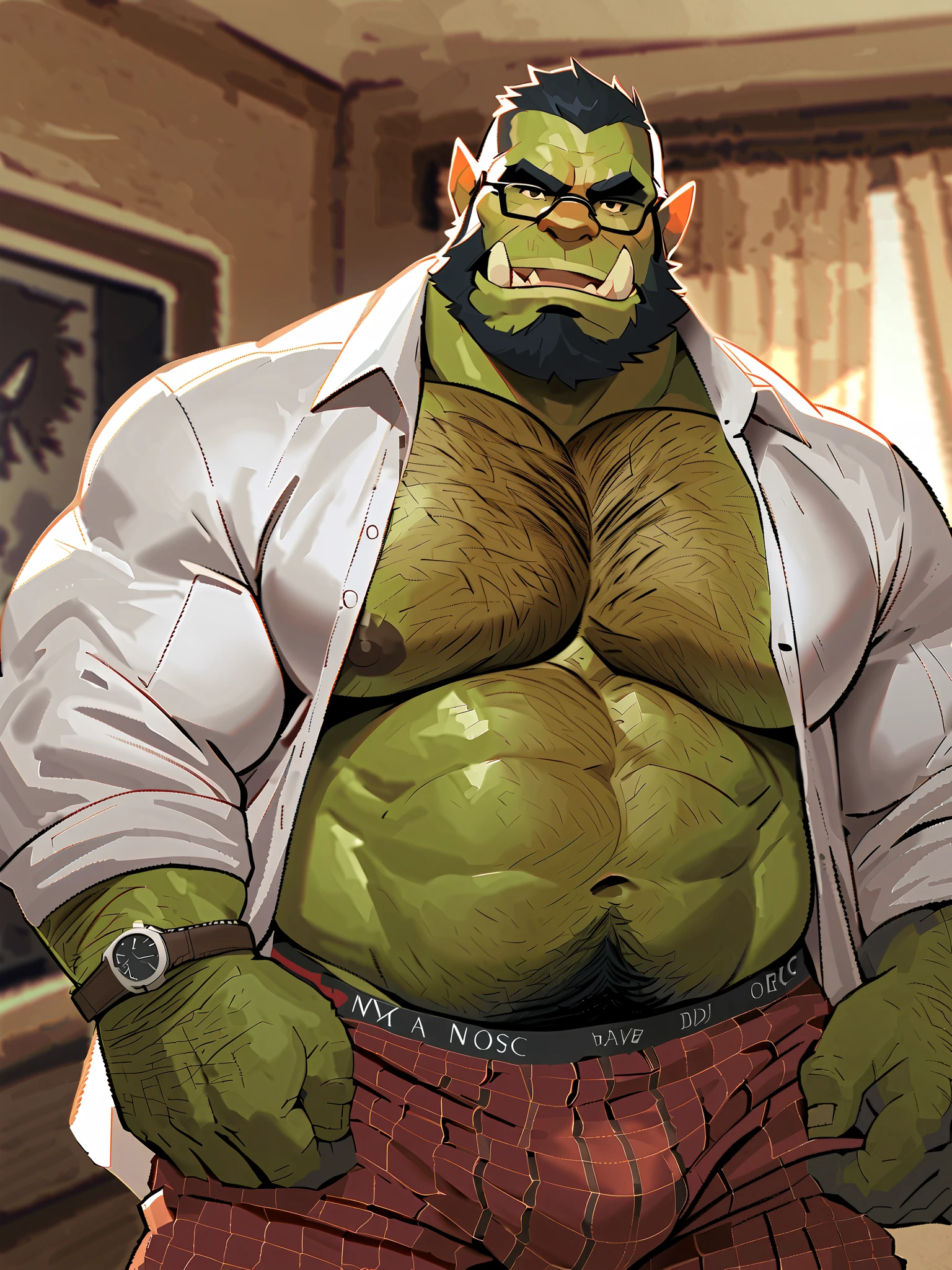 Green skinned bara orc, very large pecs, strong physique, very muscular with a belly, belly, alpha male, perfect anatomy, strong square jaw, masterpiece, black bushy beard, black eyes, thick black frame square glasses, lustful eyes looking at viewer, strong jaw, giant biceps, bare chested, long sleeve white dress shirt unbuttoned, loose fitting unbuttoned shirt, hairy pectorals, hairy chest, military orc daddy, small belly, no six pack muscles, solo, in loose fitting plaid old fashioned boxers, underwear, XXXXL straight boxers, 5" inseam boxers, fly in front with button boxers, broad waistband, watch on wrist, big muscle ass, great indoor lighting, hairy, nude, king Orc, very manly, dad living room theme, glow of the TV in the background, playful expression, grabbing crotch bulge with hand