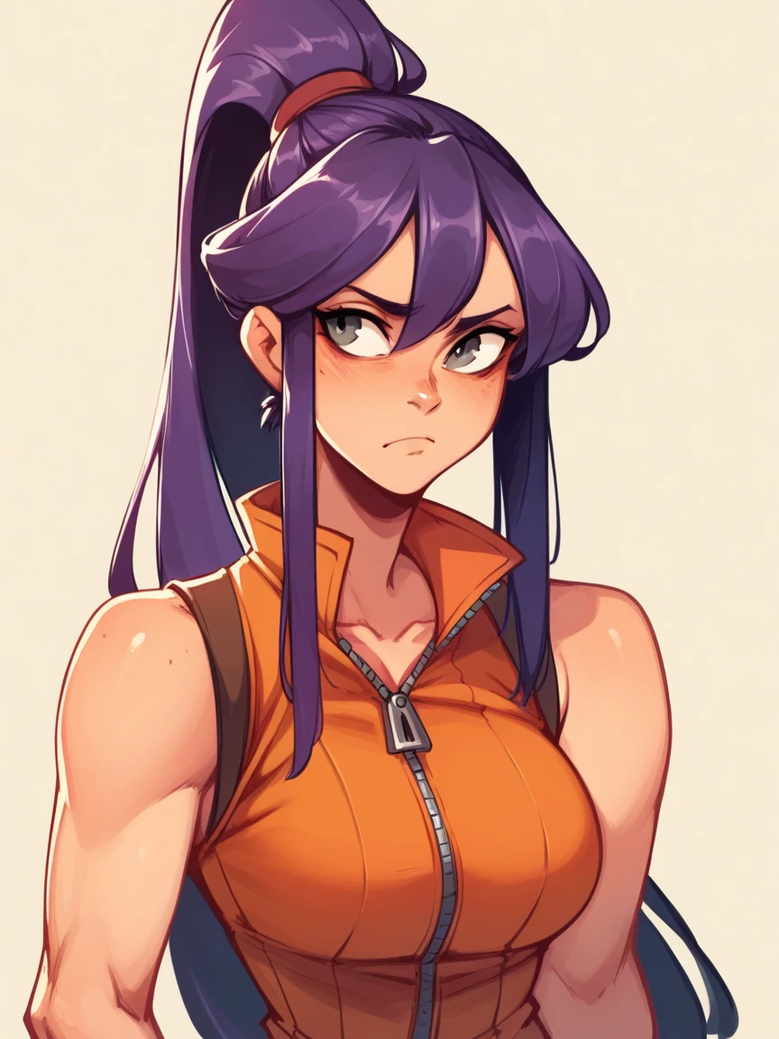 A young woman with purple hair with a long ponytail and gray eyes and a serious face wearing an orange vest with a zipper and big breasts