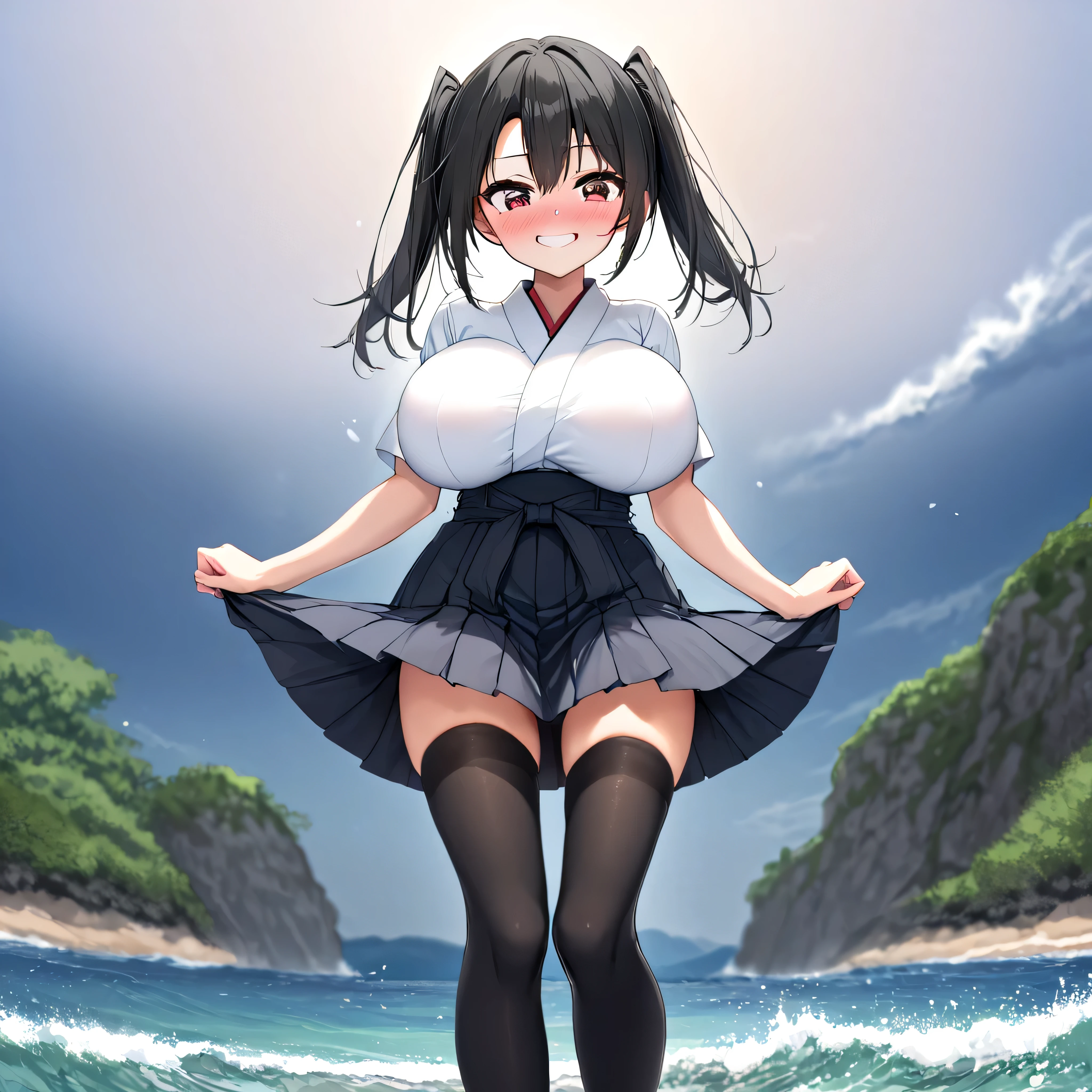 seaside, landscape, BREAK, solo, 1 skinny girl standing, zuikaku_kankore, black short hair, twintails, too short torso, too short waist, (too narrow waist:1.4), very long legs, skinny legs, (bursting large breasts), bouncing breasts, BREAK, (white kimono), (too short hakama skirt cinches underbust too tight:1.2), (too short skirt:1.4), thigh gap, inky-black thighhighs, BREAK, smile for viewer, nose blush, embarrassed, orgasm