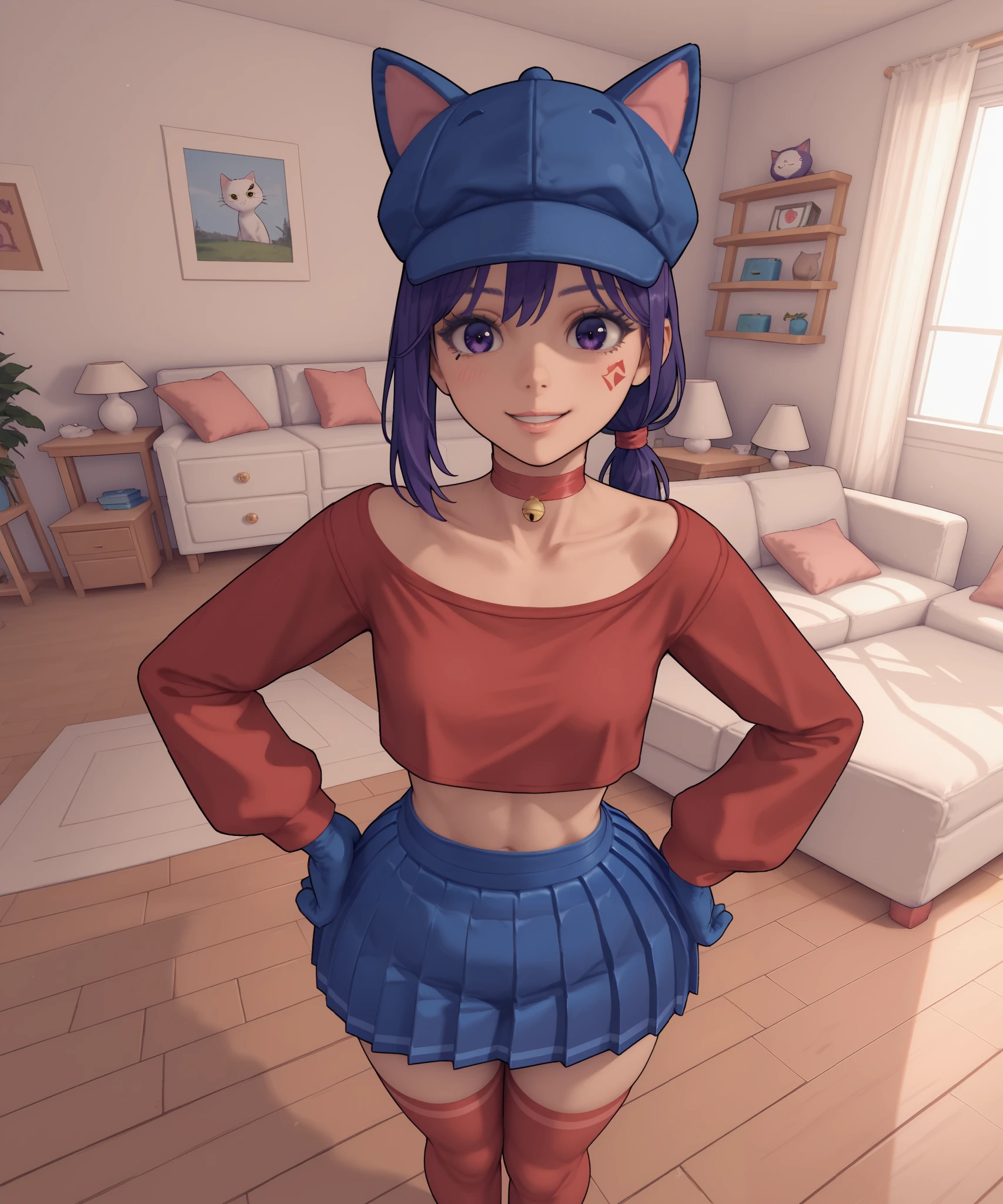 absurd, masterpiece, best quality, very aesthetic, 1 , Alone,
ChopioMita, purple hair, purple eyes, looking at viewer,
[small breasts : medium breasts:20], wide hips, narrow waist,
medium hair, sides, teardrop facial mark, low ponytail,
costume_1, cat hat, bunny hat, blue hat, ribbon choker, red shirt, crop top, long sleeves, blue gloves, blue skirt, pleated skirt, zettai ryouiki, red thigh highs,
smiling, parted lips,
indoor, living room, wooden floor, standing, hand on own hip, diaphragm, reflection in eyes,