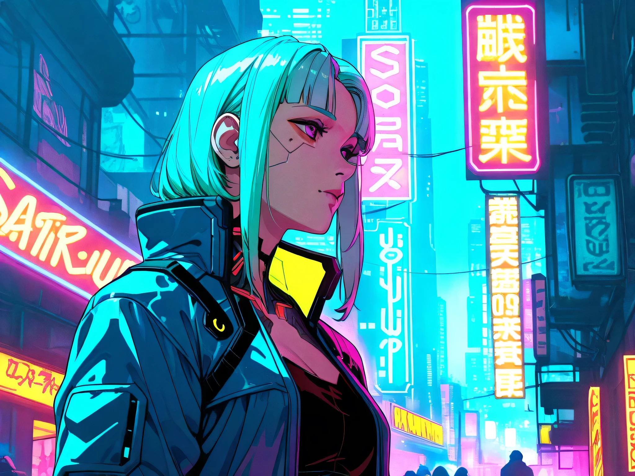 Cyberpunk, woman staying, Cyberpunk jacket, future city, neon lights