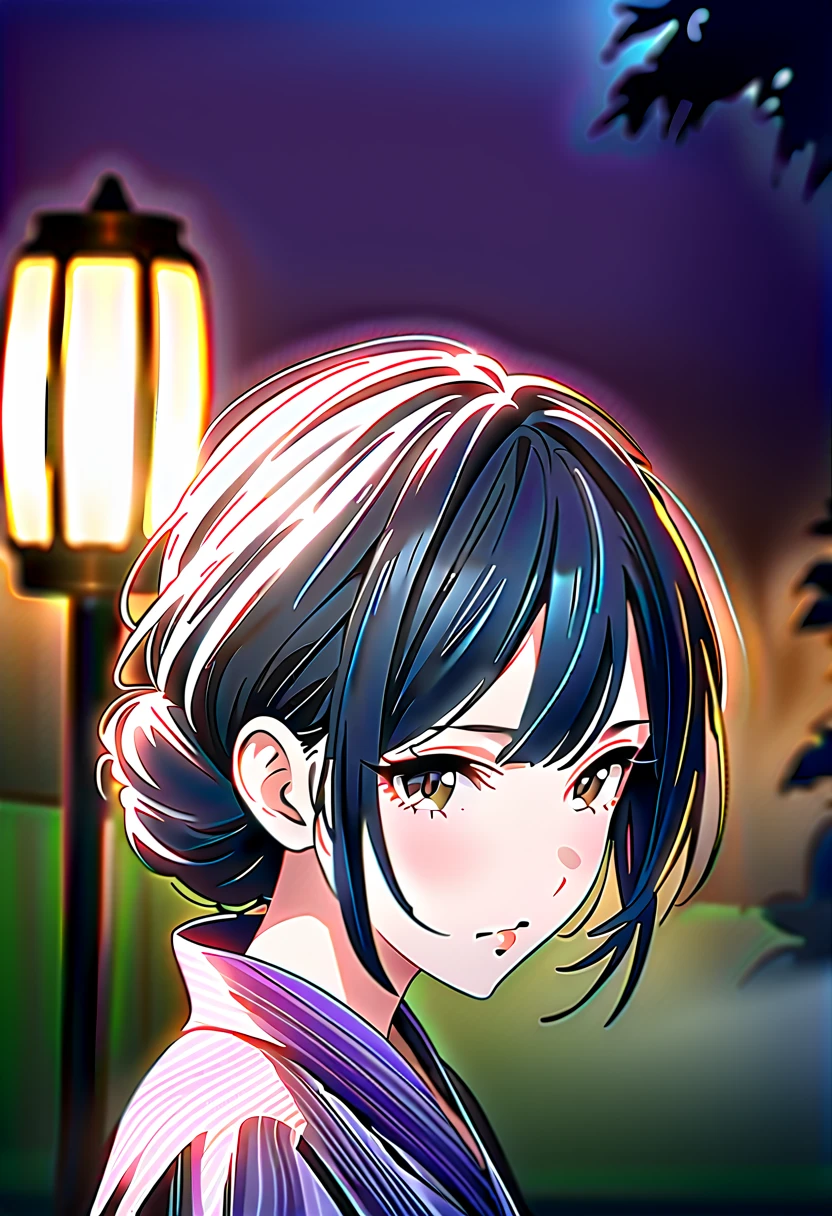 ( Highest Image Quality)，2023 ANIMATION ， top animation quality ， high res details，Detailed Wallpaper，(Masterpiece)，(Medium size display), Alone，woman， upper body， REALISTIC STYLE HAIR ，Beautiful black hair， neat bangs， realistic style eyes ，Bright scarlet eyes， beauty， ogipote，Wear only a kimono ,  bare neck and bare shoulders ， big breasts， Cleevidge ，(( black feathers on back))， depth of field， blur background，Forest Background，( Spooky Atmosphere )，At night， lots of haze ， fog covers the background