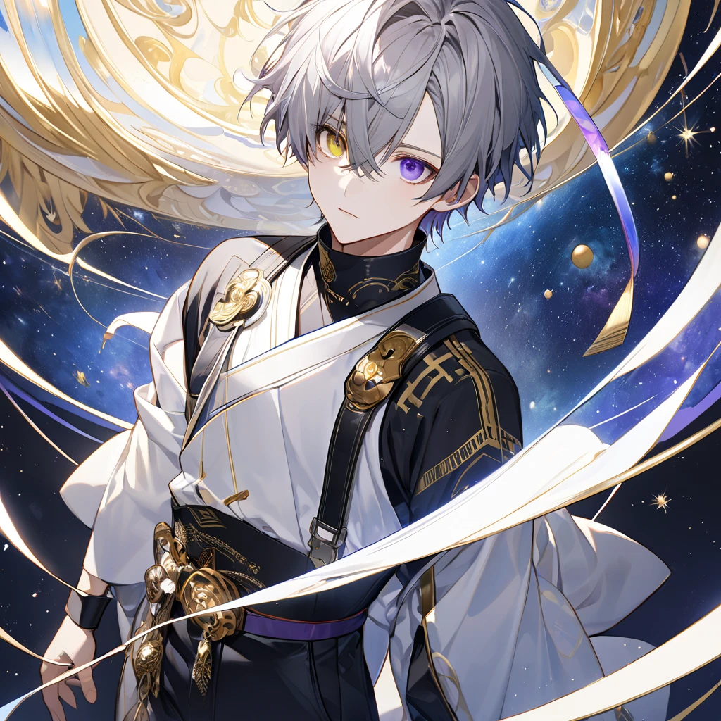  fresh illustration ,
Superfine painting,
 very delicate illustration ,
 Very fine details ,
Picture of only one boy ,
Height: 158cm,
 white skin,
(( the right eye is blue and the left eye is purple, perfect heterochromia )),
 beautiful eyes,
 large black pupils ,
 short hair,
Gray Hair,
 hair roots are bluish ,
 The hair has gradation ,
 shiny hair with makeup,
Beautiful and pretty face,
A small rear wheel that shines brightly floats above the head ,
 raised eyebrows ,
 and is wearing a kimono on the upper body in kimono,
Masculine physique,
 Six Pack,
 Super Skinny,
No boobs,
 lower body Nadres ,
The color of the belt is black ,
Overall white clothes ,
 The design is tastefully embroidered with gold thread,
 fine fabric clothing ,
The number of fingers on a hand is five,
Isometric,
Golden Ratio,
god々 like atmosphere,
 The undershirt is indigo-colored with a stand-up collar,
 outer space ,
Milky Way,
Little Star々 upper body ,
 tactical use of shadows ,
 rings of the head and hair do not stick out of the angle of view,
Clothes don't stick out of the angle of view ,
 body orientation is symmetrical ,
Clothes are symmetrical,
(( standing))
 facing the front,
(Knee Shot),
( Long Shots),
