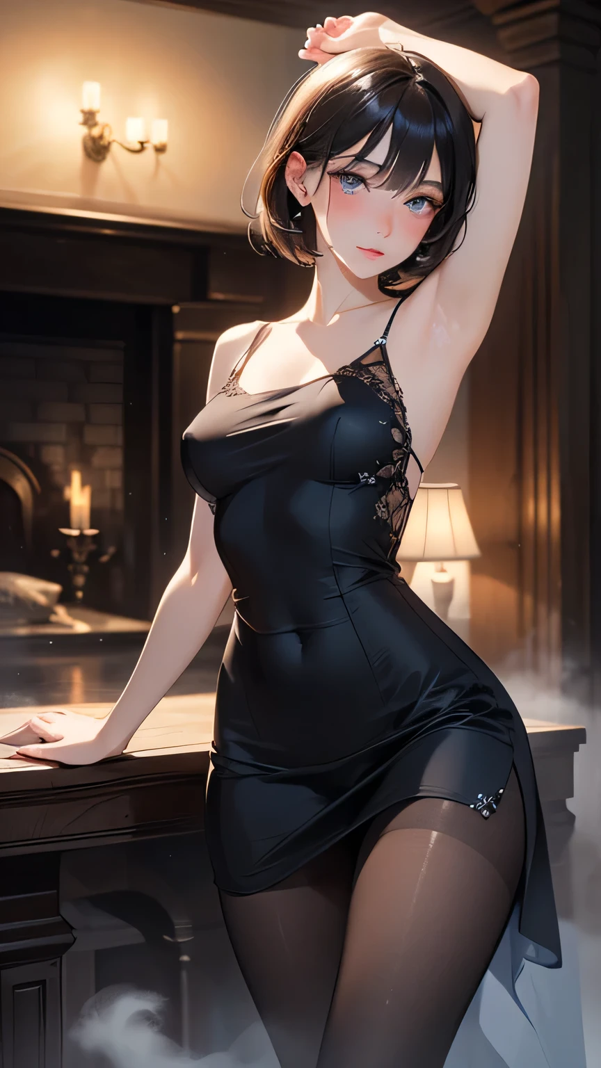 absurdres, RAW photo, extremely delicate and beautiful, masterpiece, Best Quality, ultra high resolution, 32k, hyperrealistic, ultra-detailed, perfect anatomy, anatomically correct, perfect figure, super Detailed skin, 20 years old, very Slim body, narrow waist, very small head, very small face, delicate facial features, detailed face, detailed eyes, tearful mole, earring, thin legs, bare legs, very huge round breasts, short medium hair, ((wavy hair)), wet clothes, ((black gorgeous long dress)), ((regalia)),