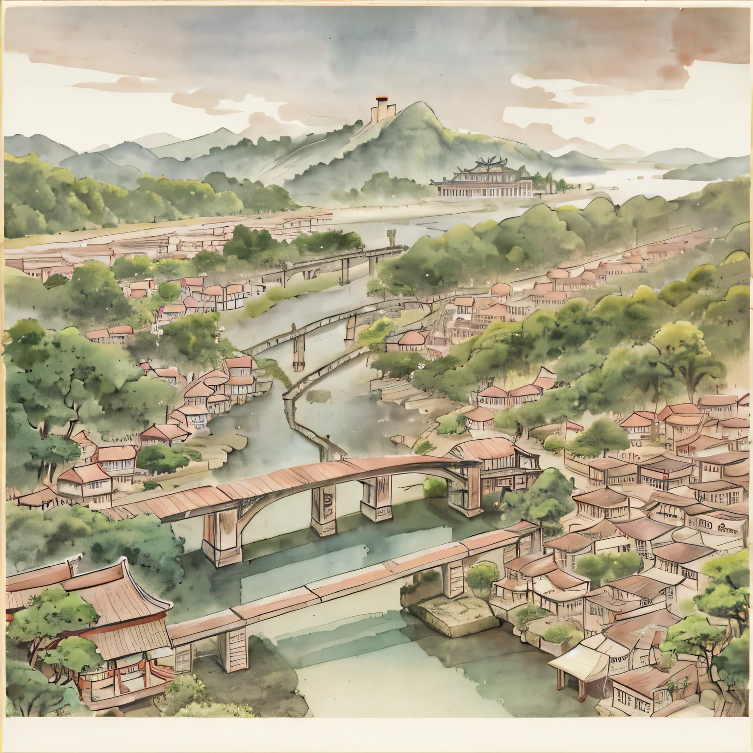 A caricature of a small town,There is a bridge over the river, dreamy Chinese towns, Chinese village, chinese watercolor style, old asian village, town background, Chinese town, quaint village, Chinese painting style, fishing town, ancient city landscape, zhouzhuang ancient town, Chinese village, lunar new year celebration